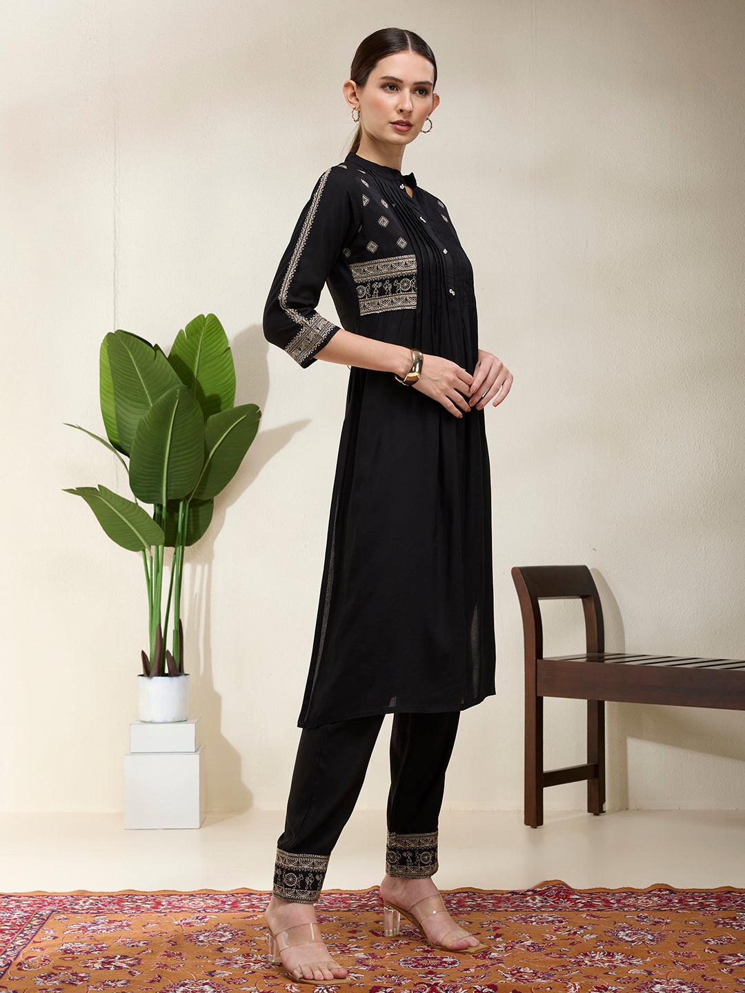 Solid Floral Threadwork Embroidered A-Line Kurta with Pant - Black