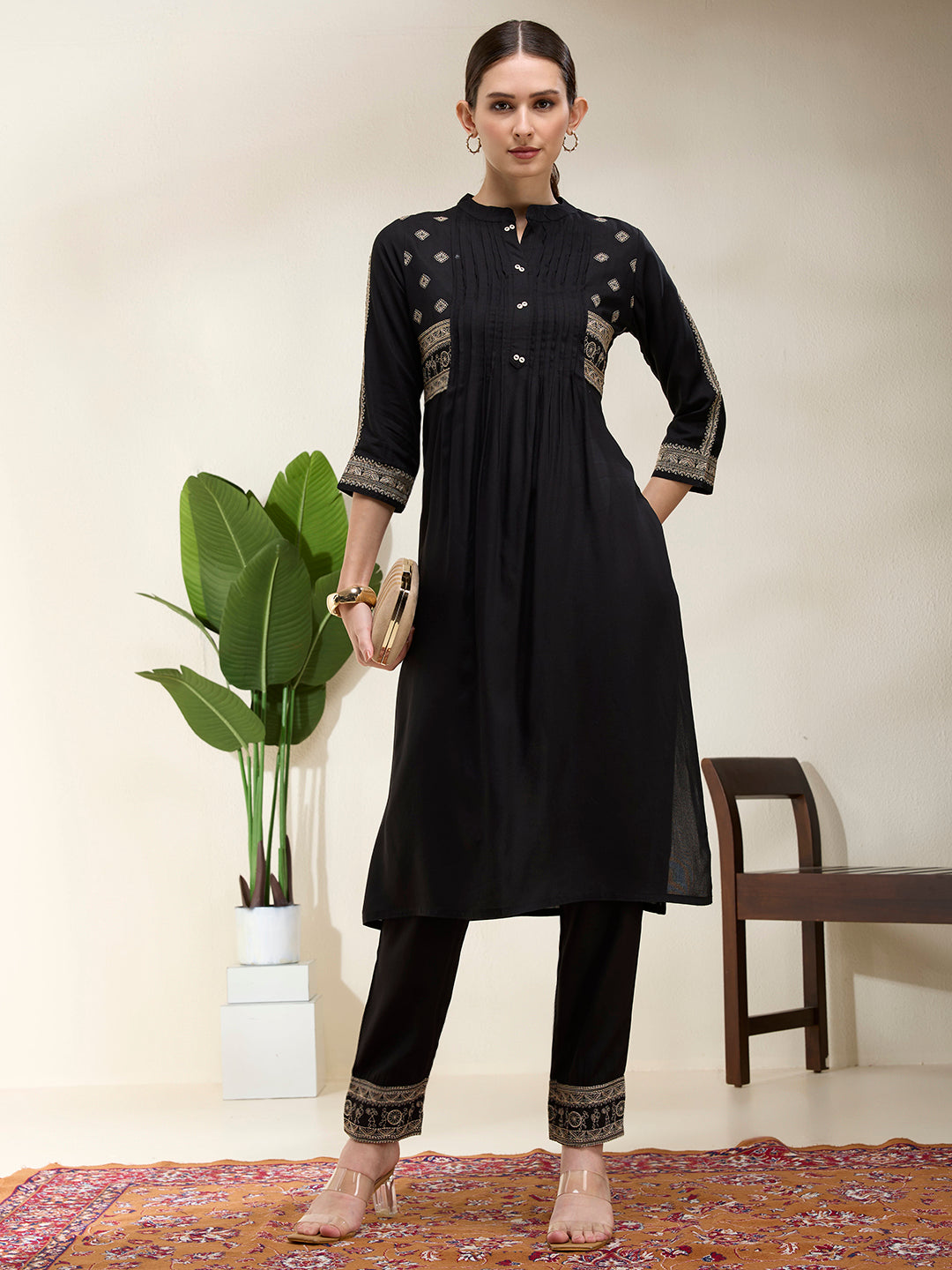 Solid Floral Threadwork Embroidered A-Line Kurta with Pant - Black