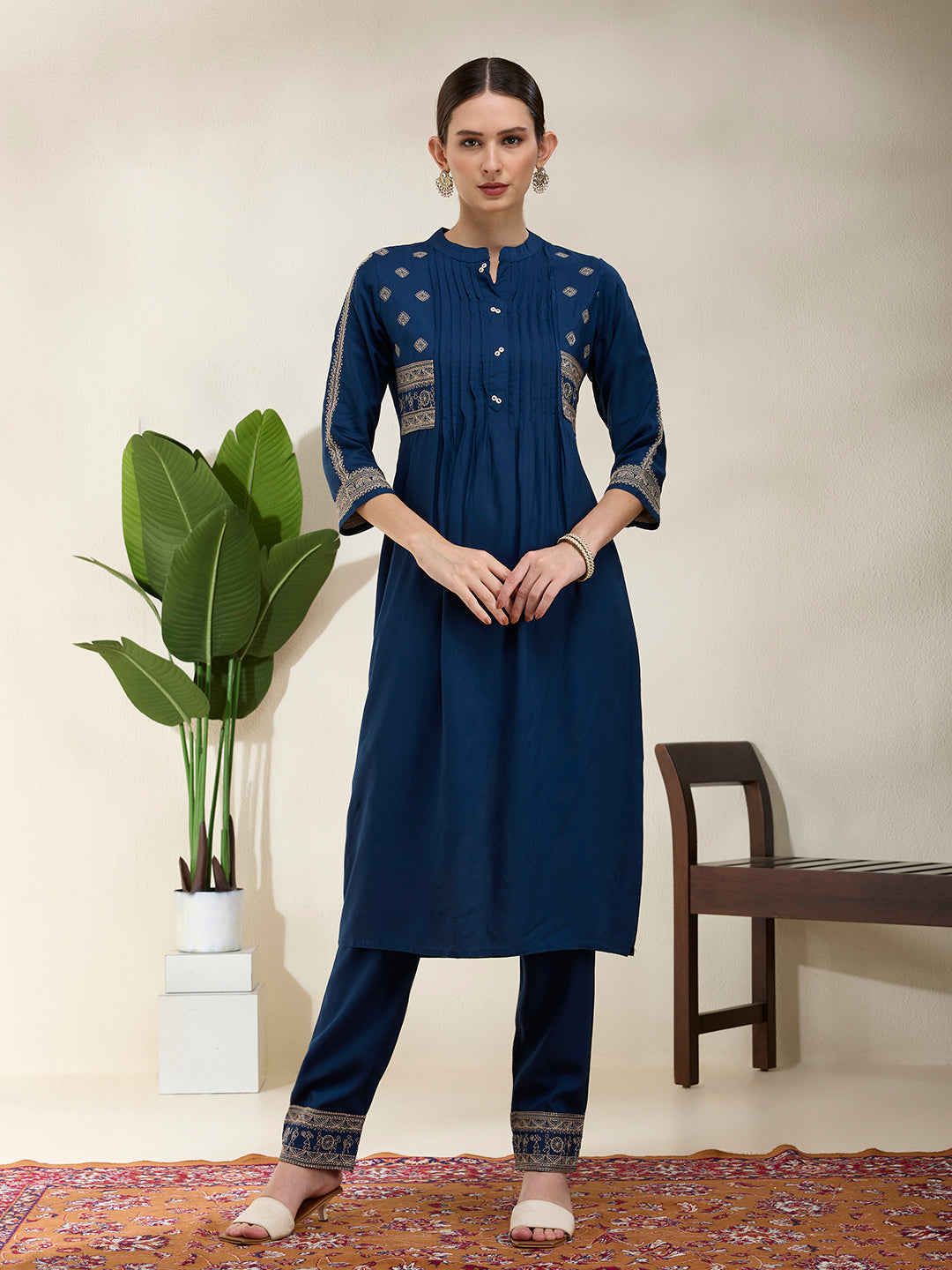 Solid Floral Threadwork Embroidered A-Line Kurta with Pant - Teal Blue