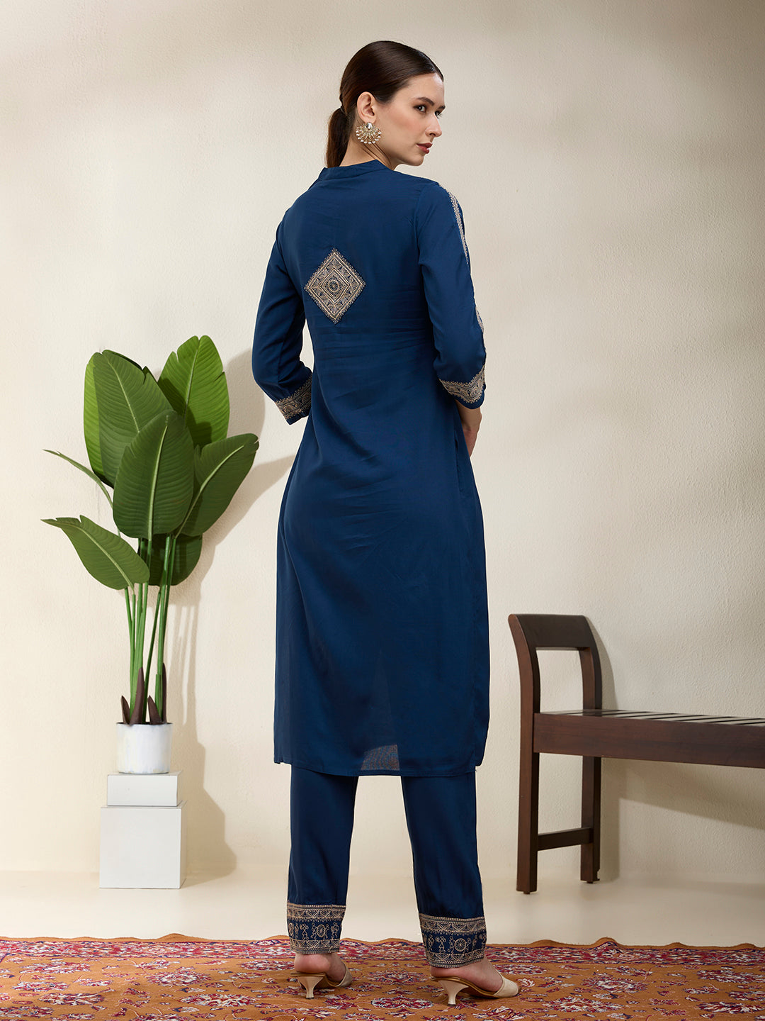 Solid Floral Threadwork Embroidered A-Line Kurta with Pant - Teal Blue