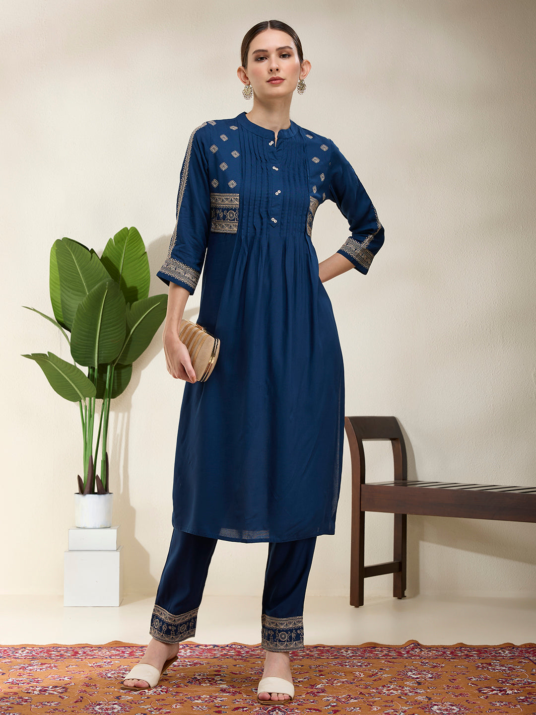 Solid Floral Threadwork Embroidered A-Line Kurta with Pant - Teal Blue