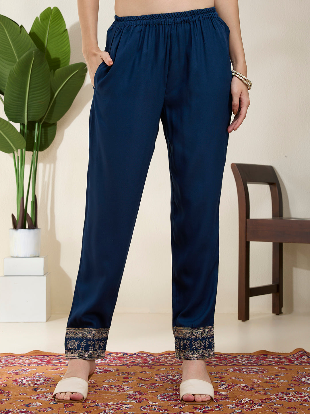 Solid Floral Threadwork Embroidered A-Line Kurta with Pant - Teal Blue