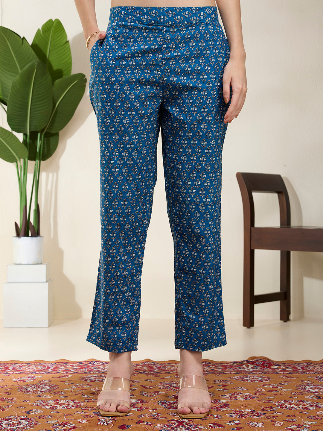 Ethnic Floral Printed A-Line Kurta with Pant & Dupatta - Blue