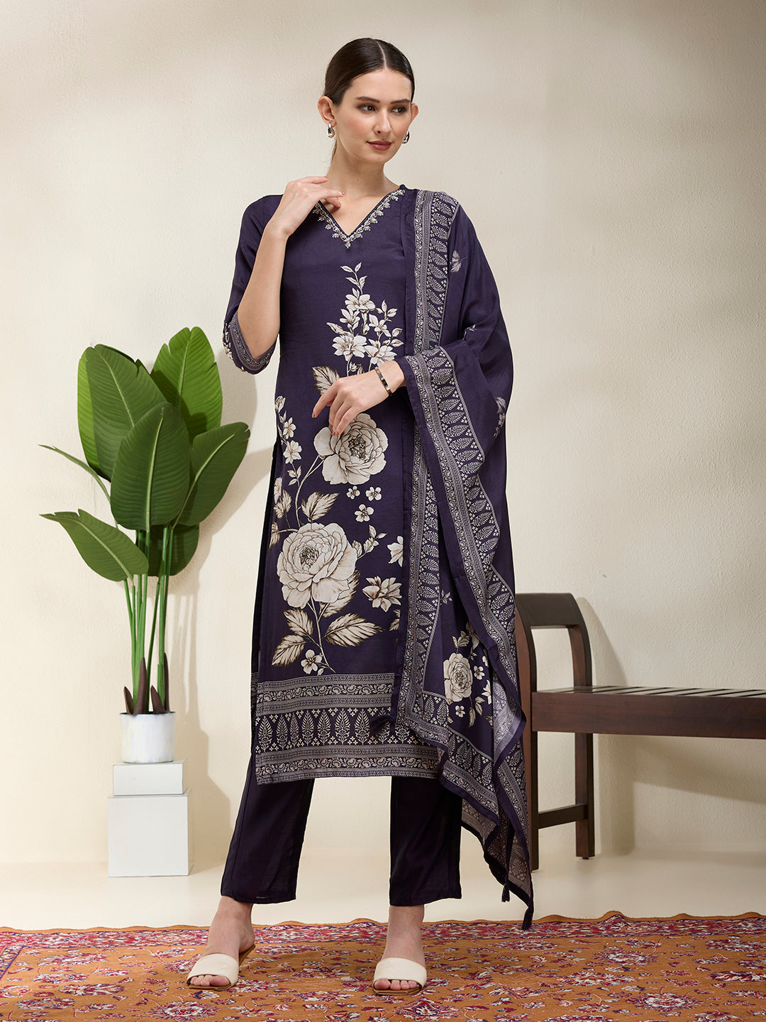 Floral Printed & Embroidered Straight Kurta with Pant & Dupatta - Navy Blue