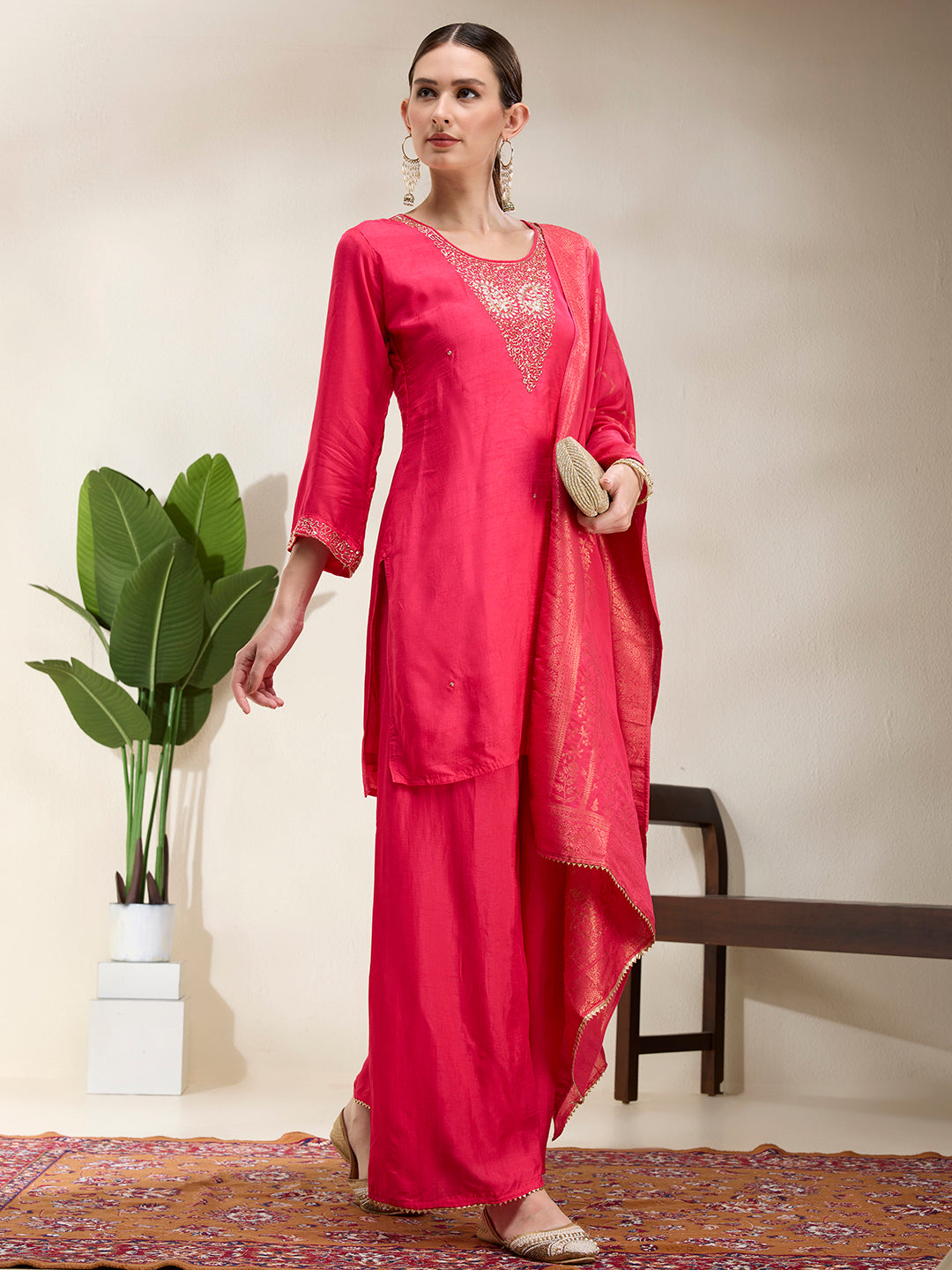 Solid Hand Embroidered Straight Kurta with Palazzo & Dupatta - Magenta