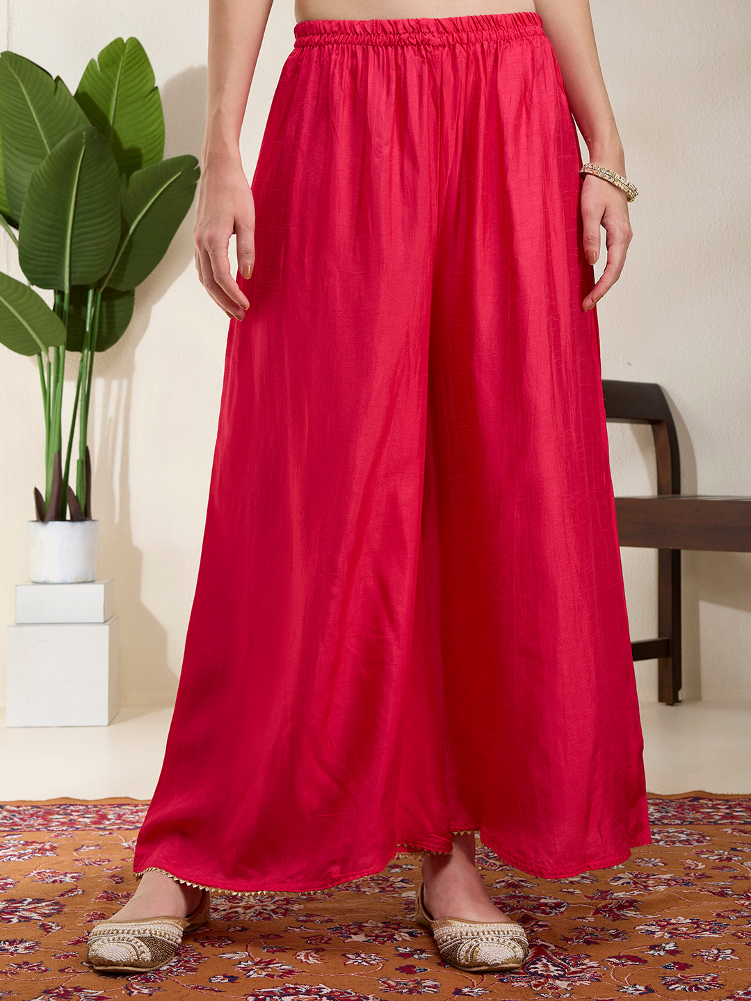 Solid Hand Embroidered Straight Kurta with Palazzo & Dupatta - Magenta