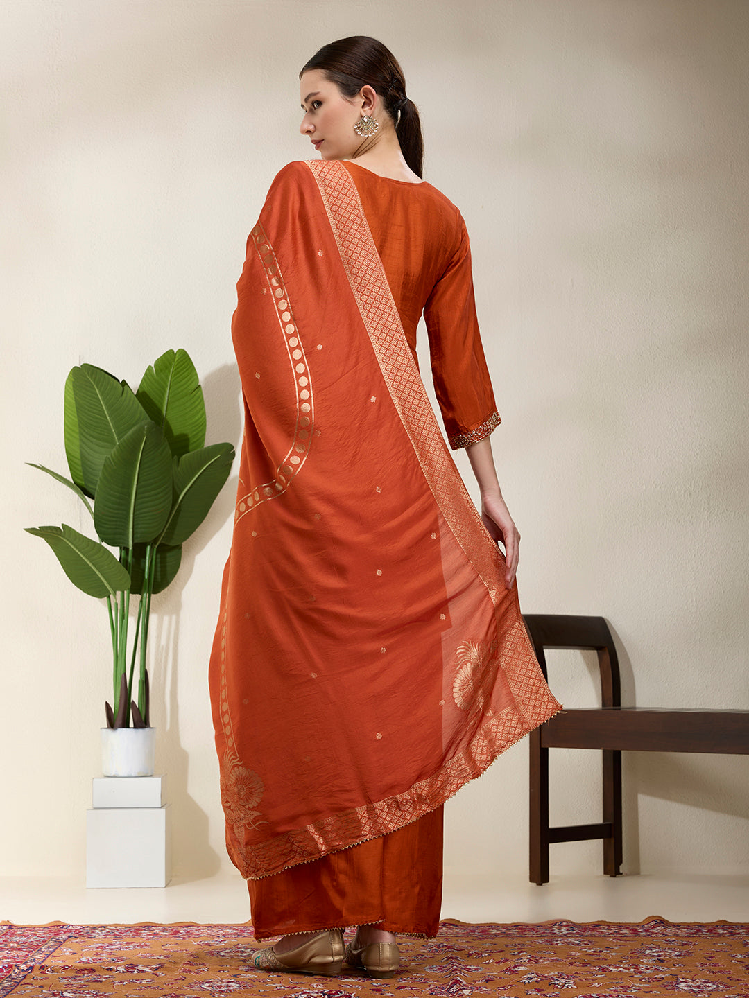 Solid Hand Embroidered Straight Kurta with Palazzo & Dupatta - Rust