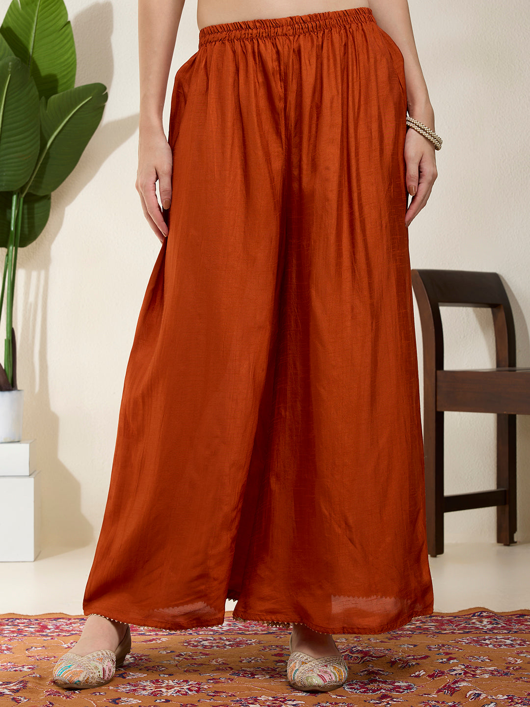 Solid Hand Embroidered Straight Kurta with Palazzo & Dupatta - Rust