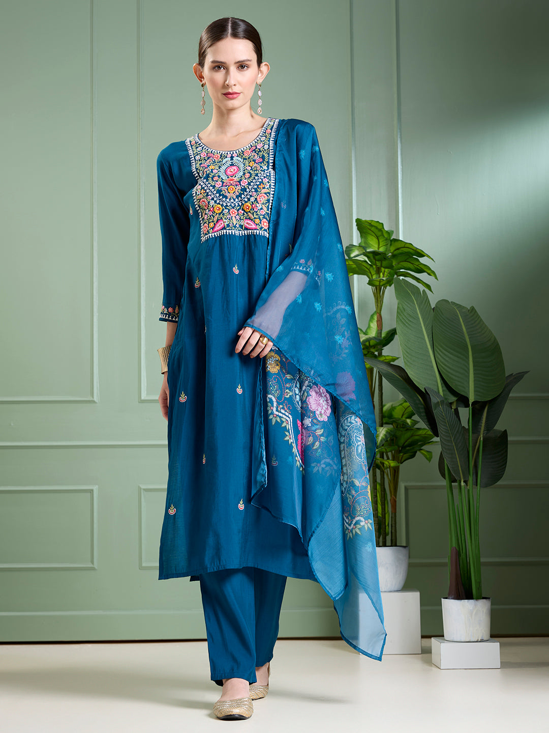 Solid Floral Hand Embroidered Straight Kurta with Pant & Dupatta - Blue