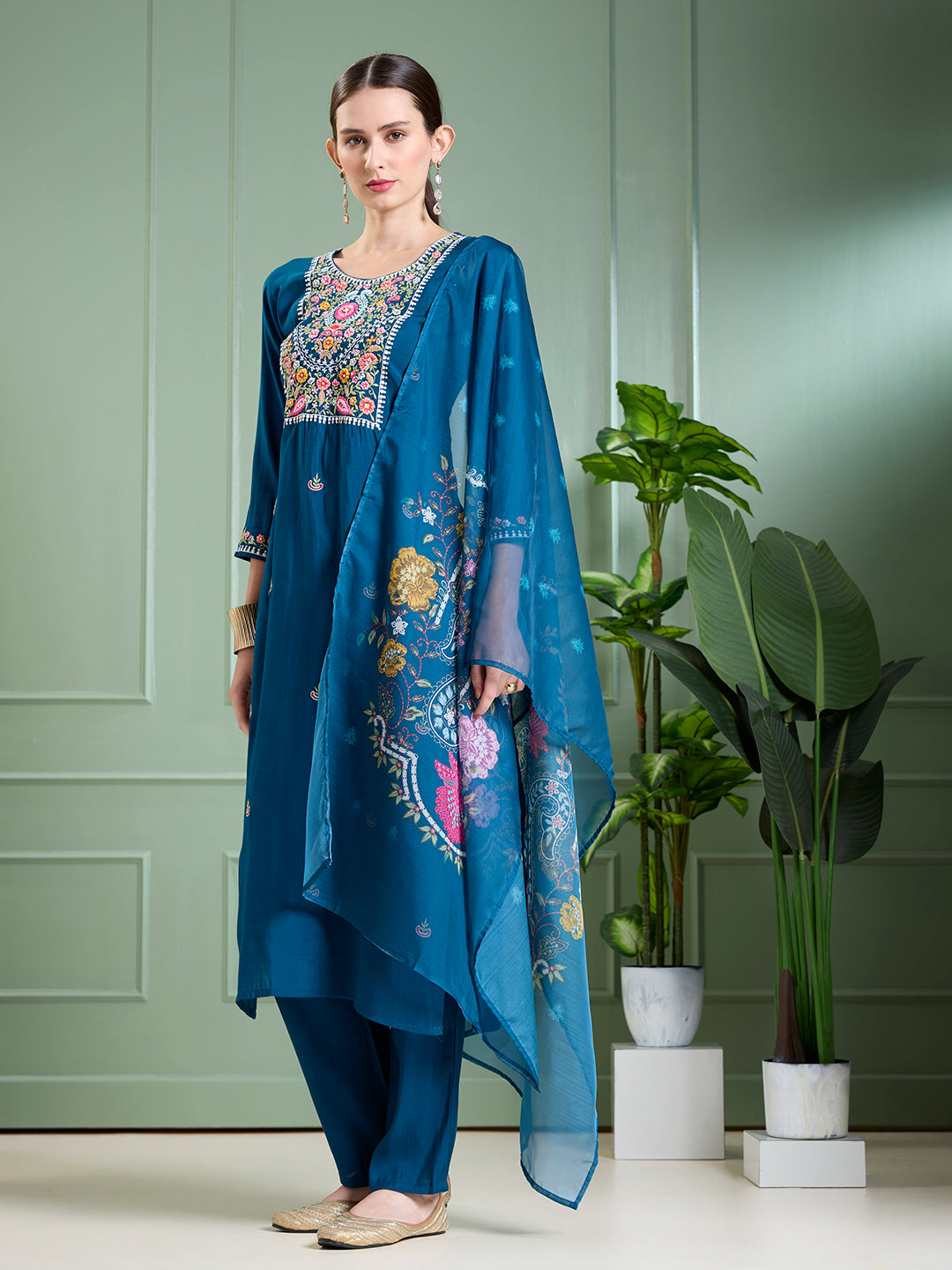 Solid Floral Hand Embroidered Straight Kurta with Pant & Dupatta - Blue