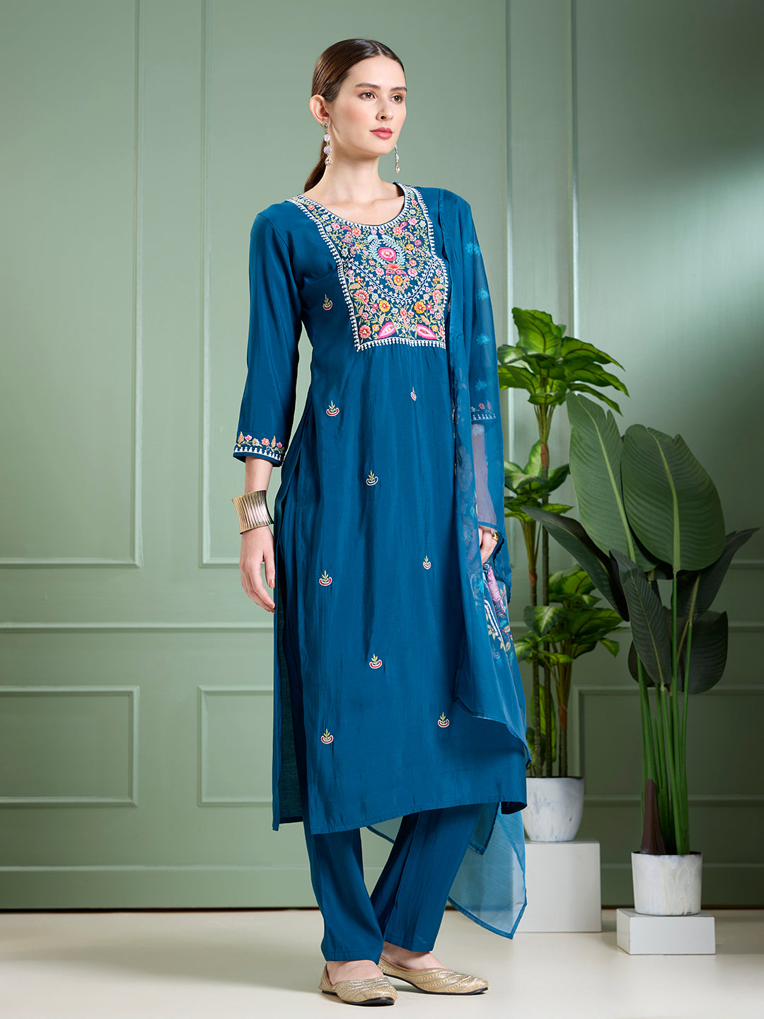 Solid Floral Hand Embroidered Straight Kurta with Pant & Dupatta - Blue