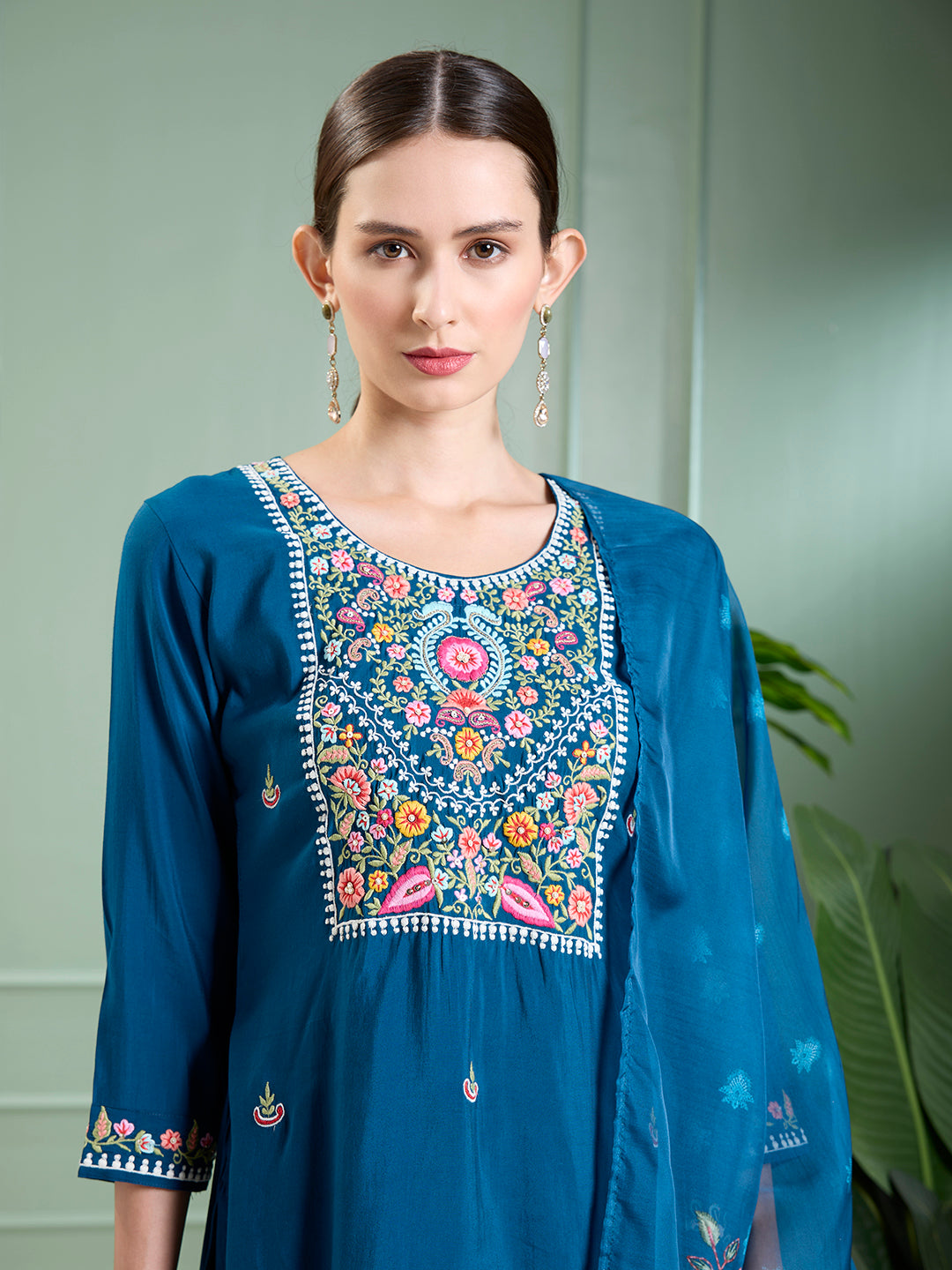 Solid Floral Hand Embroidered Straight Kurta with Pant & Dupatta - Blue