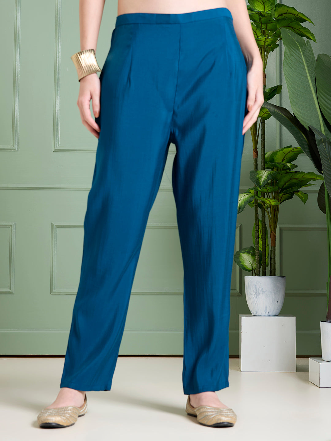 Solid Floral Hand Embroidered Straight Kurta with Pant & Dupatta - Blue