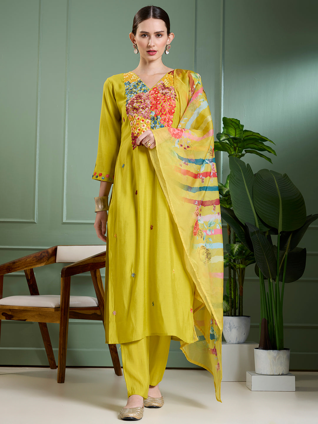 Solid Floral Hand Embroidered Straight Kurta with Pant & Dupatta - Lime Green