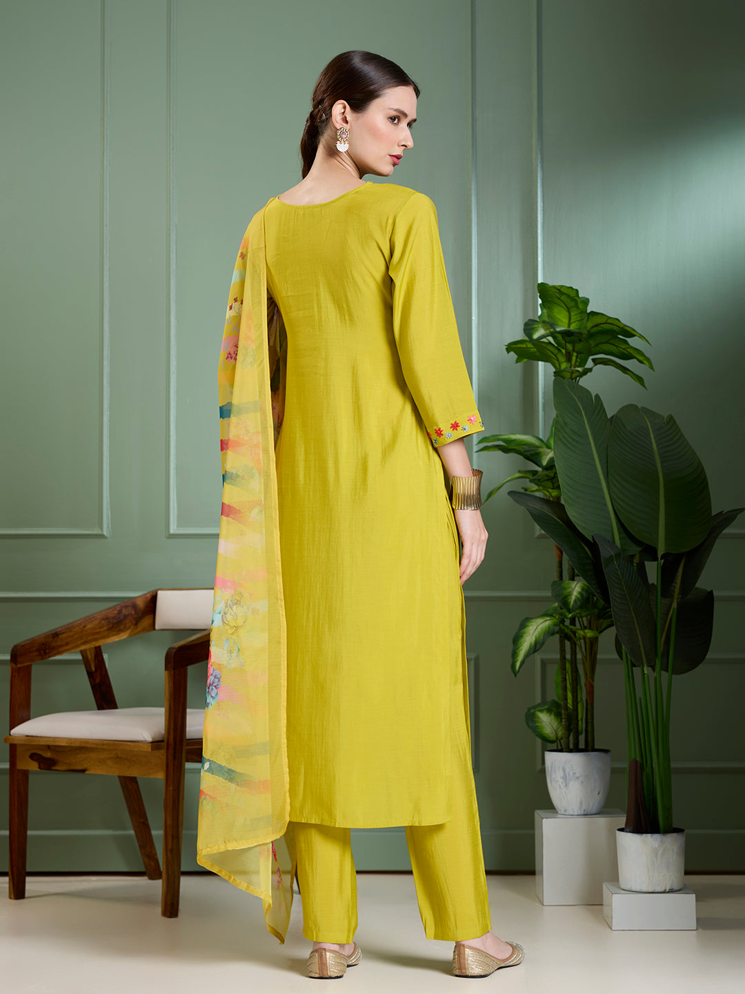 Solid Floral Hand Embroidered Straight Kurta with Pant & Dupatta - Lime Green