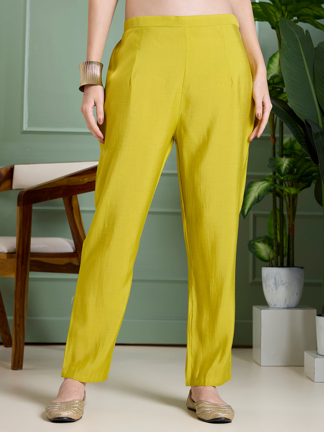 Solid Floral Hand Embroidered Straight Kurta with Pant & Dupatta - Lime Green