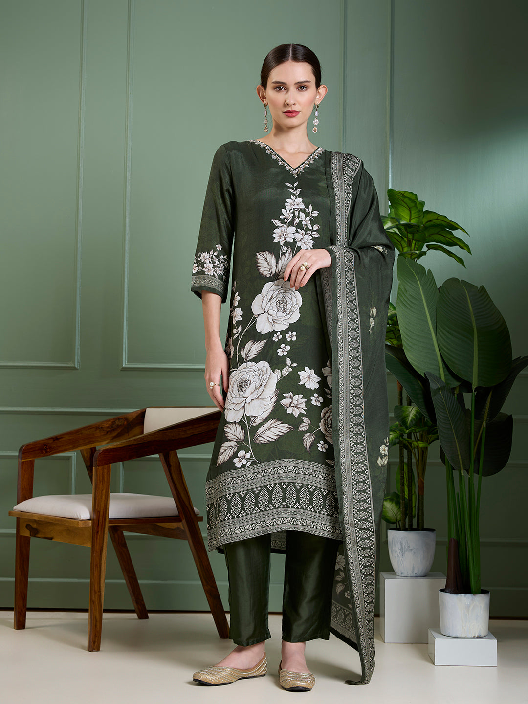 Floral Printed & Embroidered Straight Kurta with Pant & Dupatta - Green