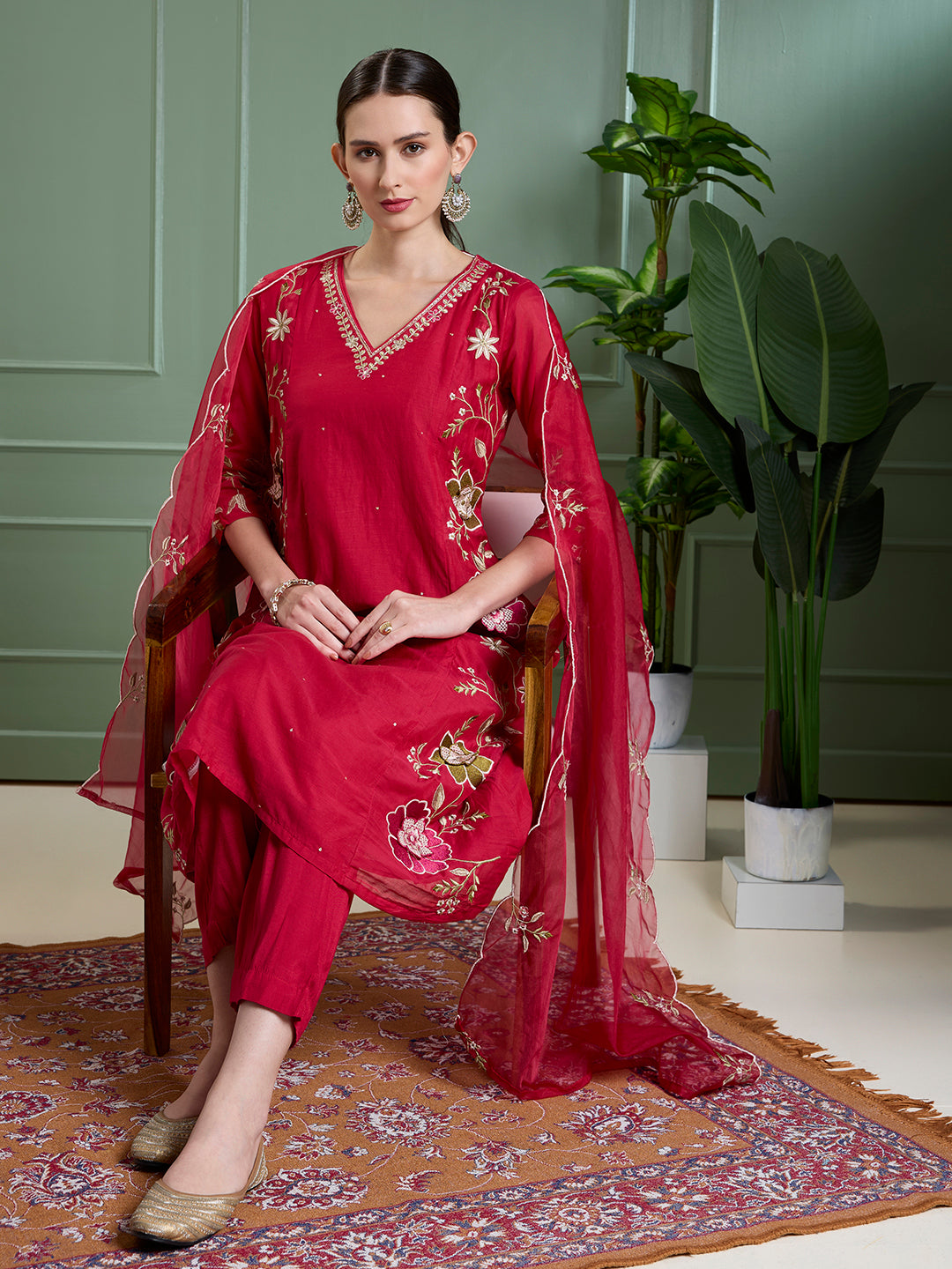 Solid Floral Embroidered Anarkali with Pant & Scalloped Dupatta - Rani