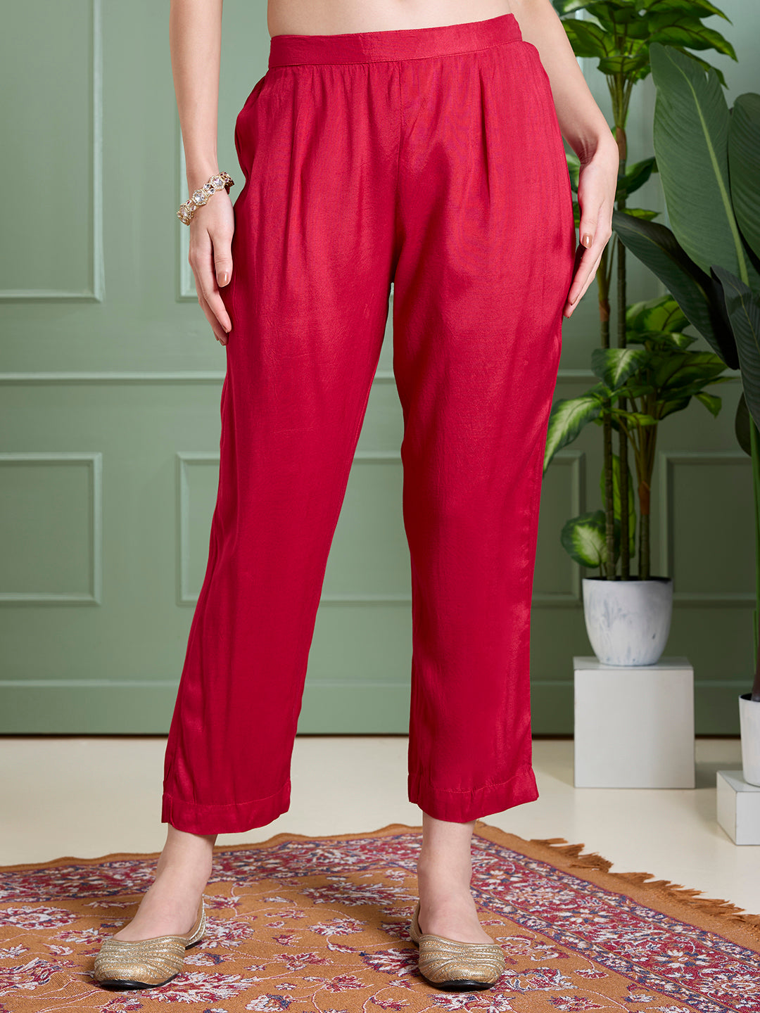 Solid Floral Embroidered Anarkali with Pant & Scalloped Dupatta - Rani