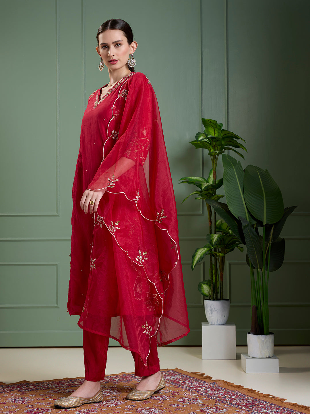 Solid Floral Embroidered Anarkali with Pant & Scalloped Dupatta - Rani