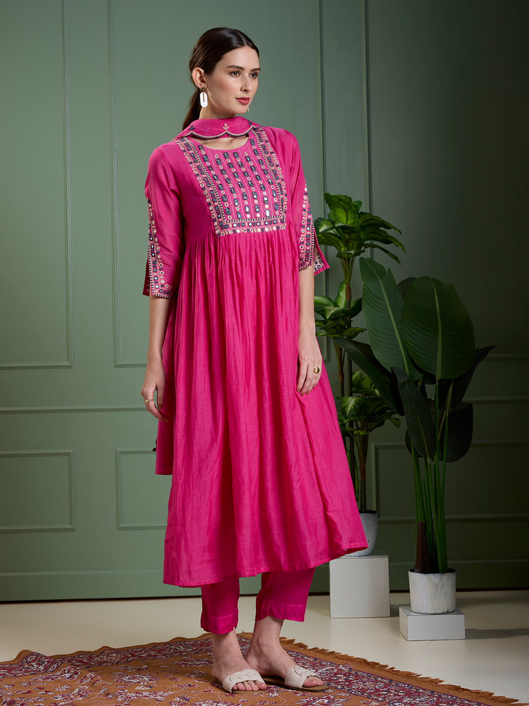 Festive Mirror Embroidered A-Line Pleated with Pant & Scalloped Dupatta - Magenta