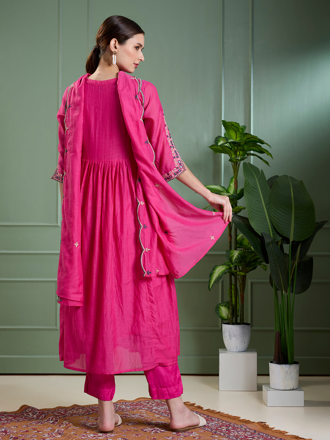 Festive Mirror Embroidered A-Line Pleated with Pant & Scalloped Dupatta - Magenta