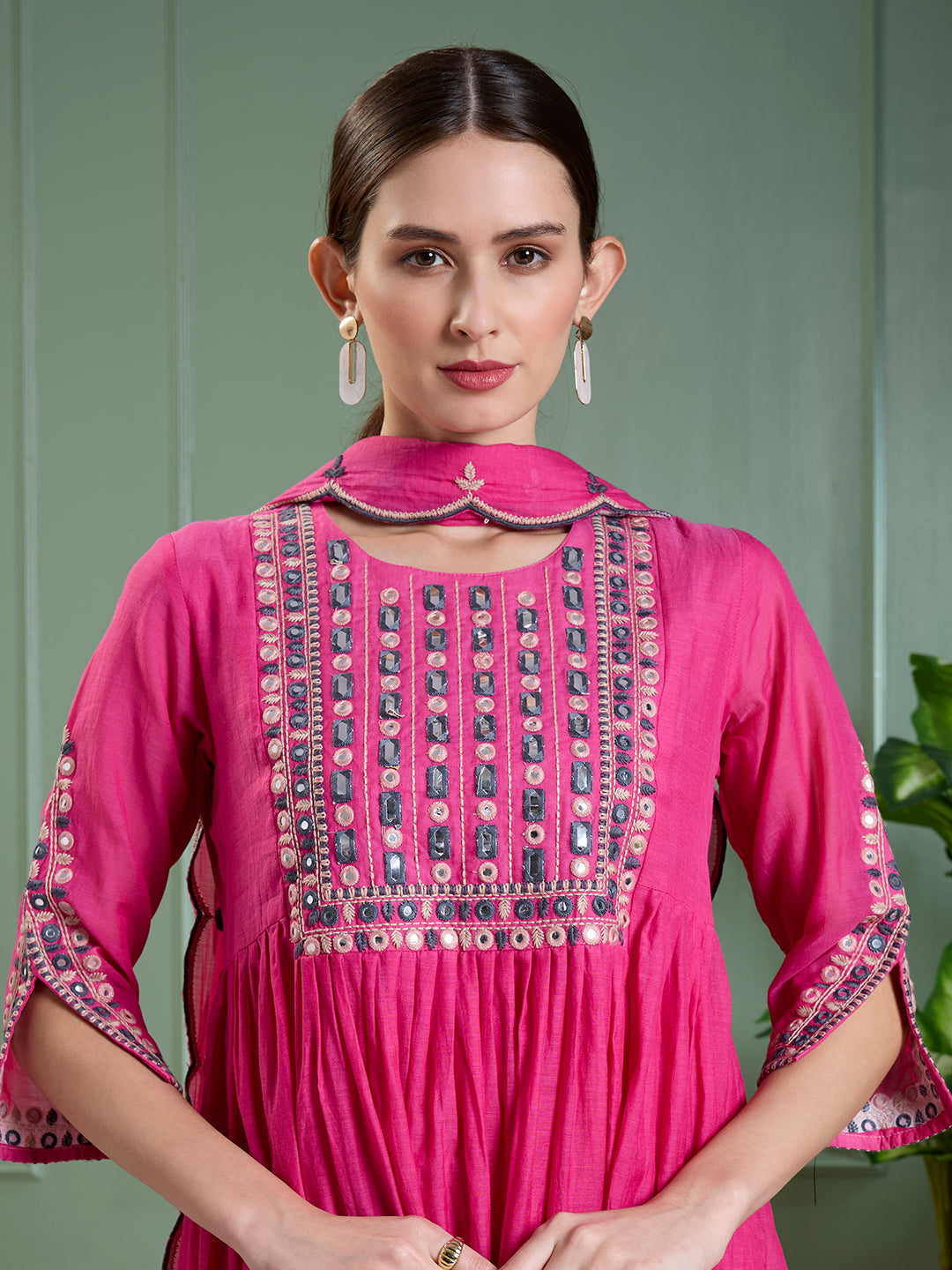 Festive Mirror Embroidered A-Line Pleated with Pant & Scalloped Dupatta - Magenta