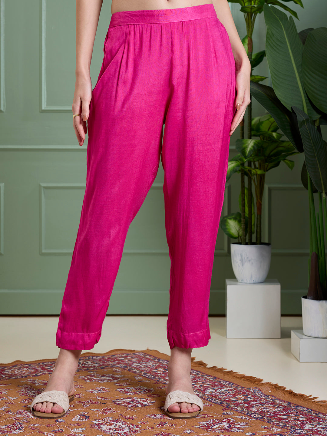 Festive Mirror Embroidered A-Line Pleated with Pant & Scalloped Dupatta - Magenta