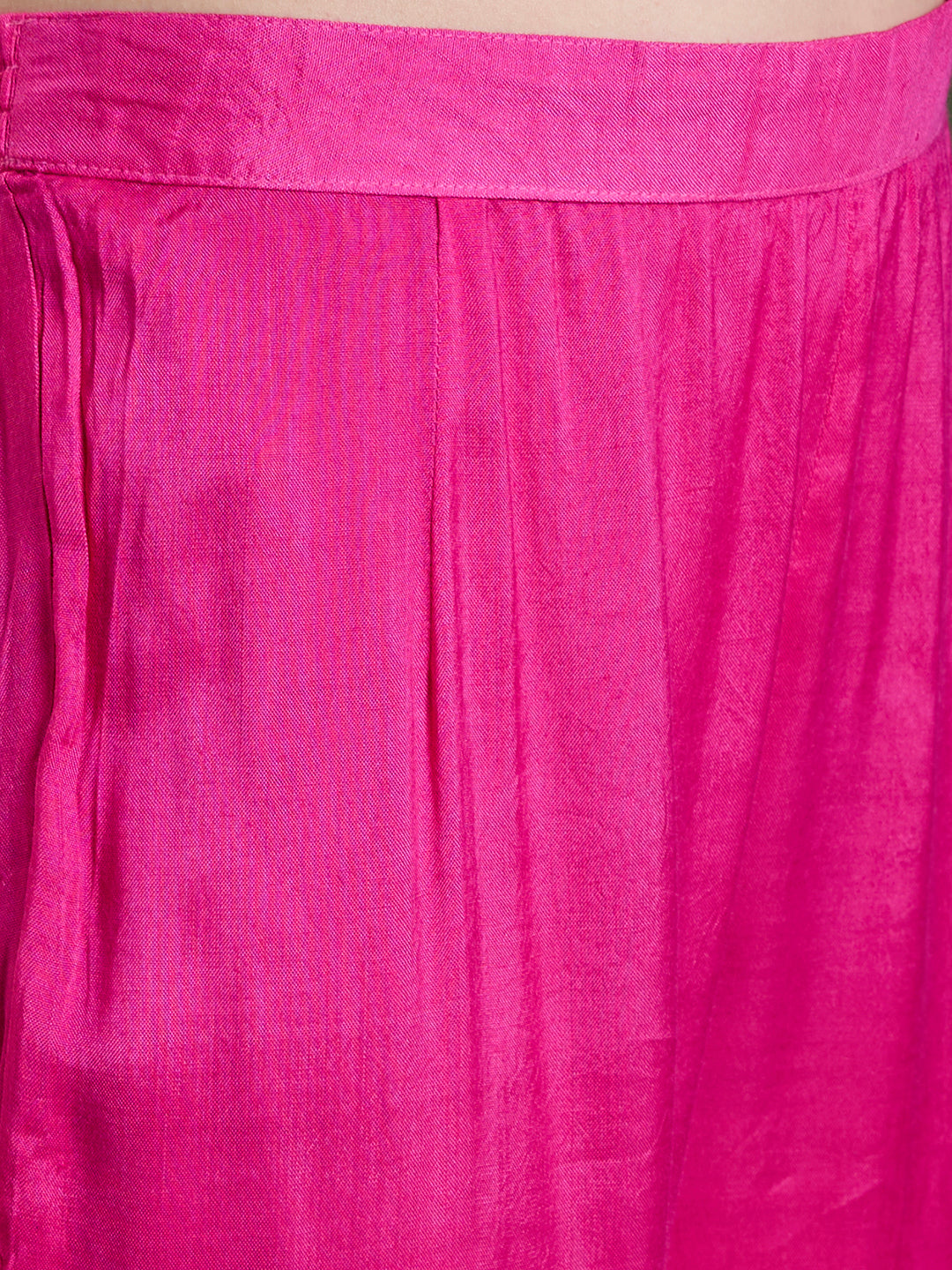 Festive Mirror Embroidered A-Line Pleated with Pant & Scalloped Dupatta - Magenta