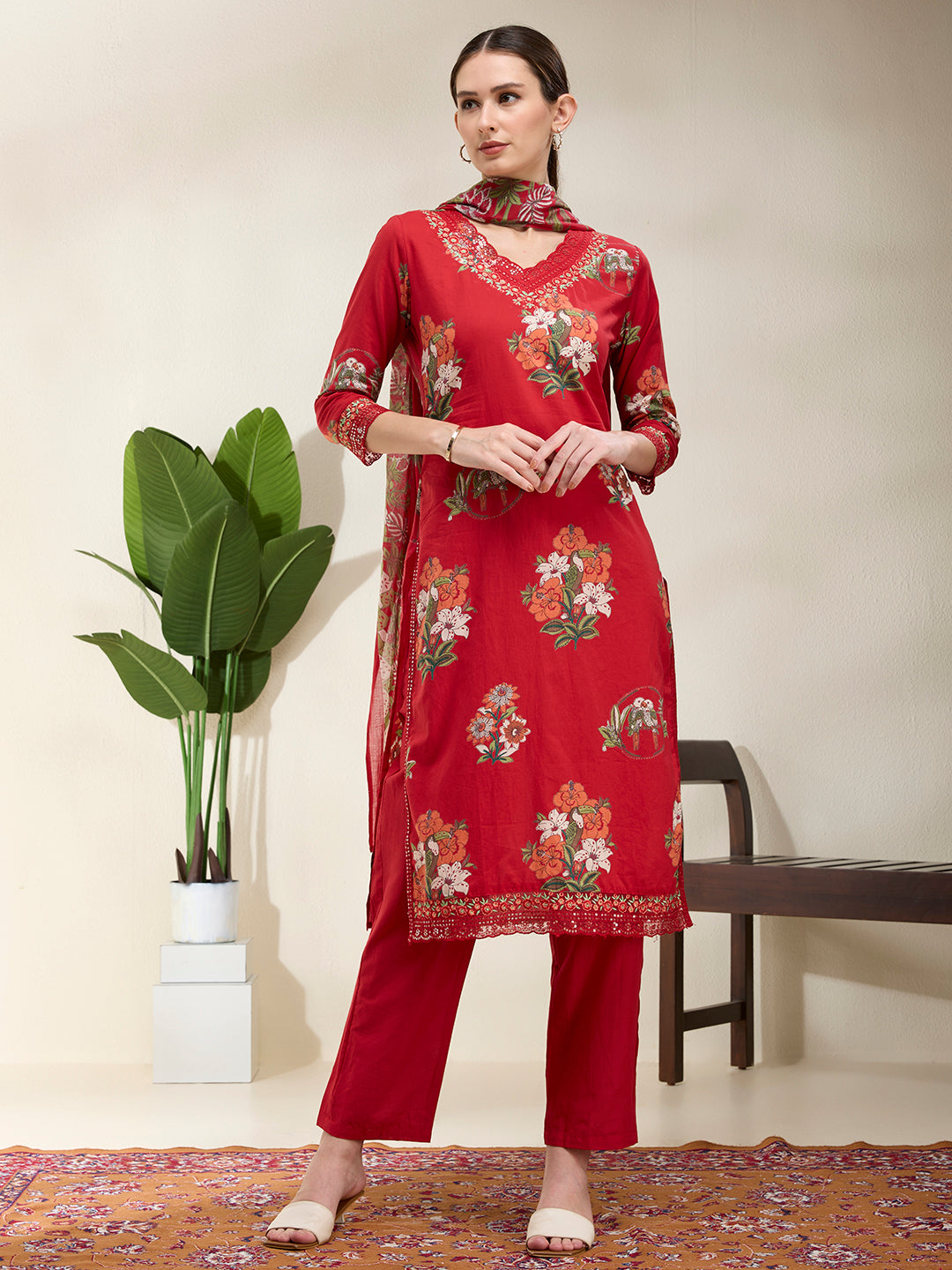 Ethnic Floral Printed Embroidered Straight Kurta with Pant & Dupatta - Red