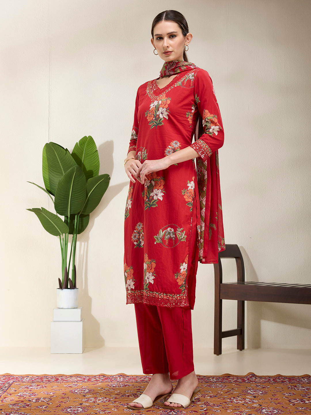 Ethnic Floral Printed Embroidered Straight Kurta with Pant & Dupatta - Red