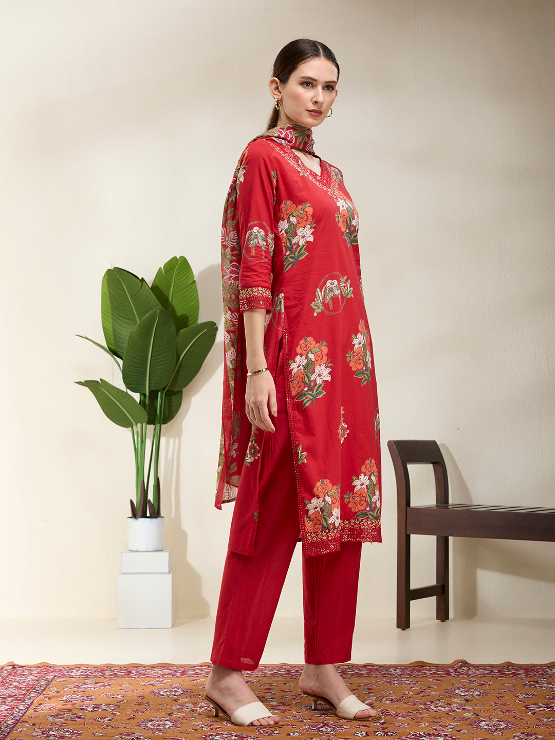Ethnic Floral Printed Embroidered Straight Kurta with Pant & Dupatta - Red
