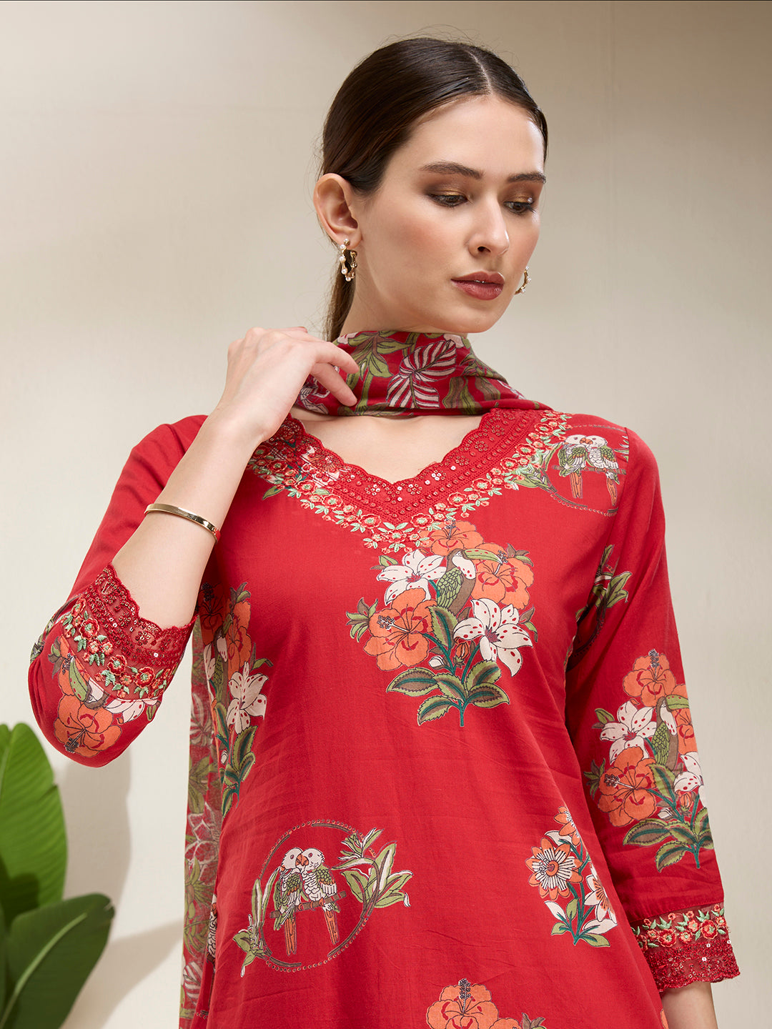 Ethnic Floral Printed Embroidered Straight Kurta with Pant & Dupatta - Red