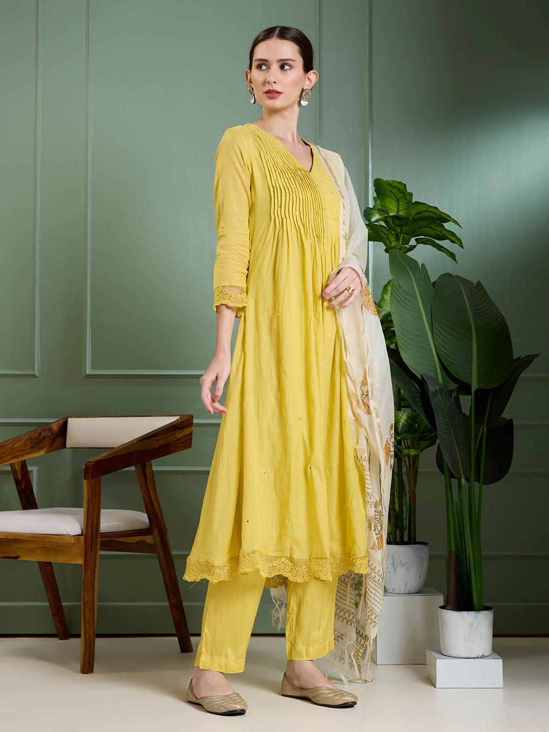 Ethnic & A-Line Pleated Kurta with Palazzo & Floral Printed Dupatta - Yellow
