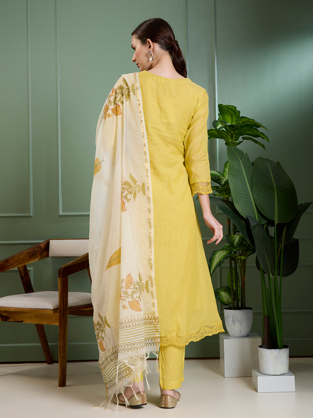 Ethnic & A-Line Pleated Kurta with Palazzo & Floral Printed Dupatta - Yellow
