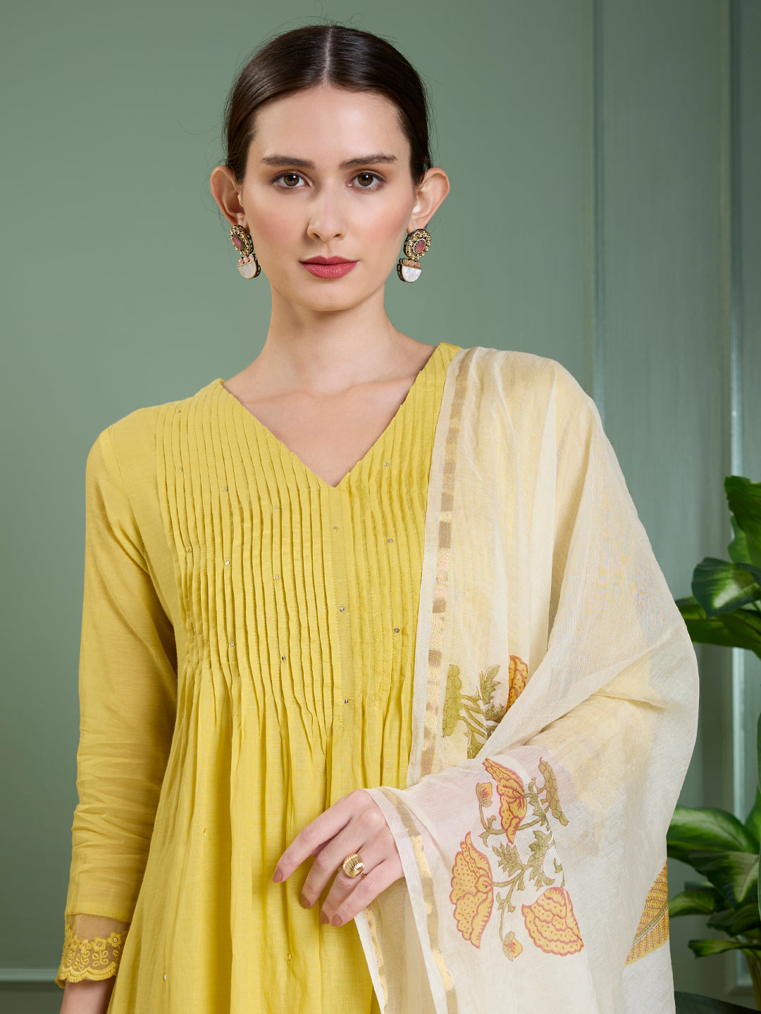 Ethnic & A-Line Pleated Kurta with Palazzo & Floral Printed Dupatta - Yellow