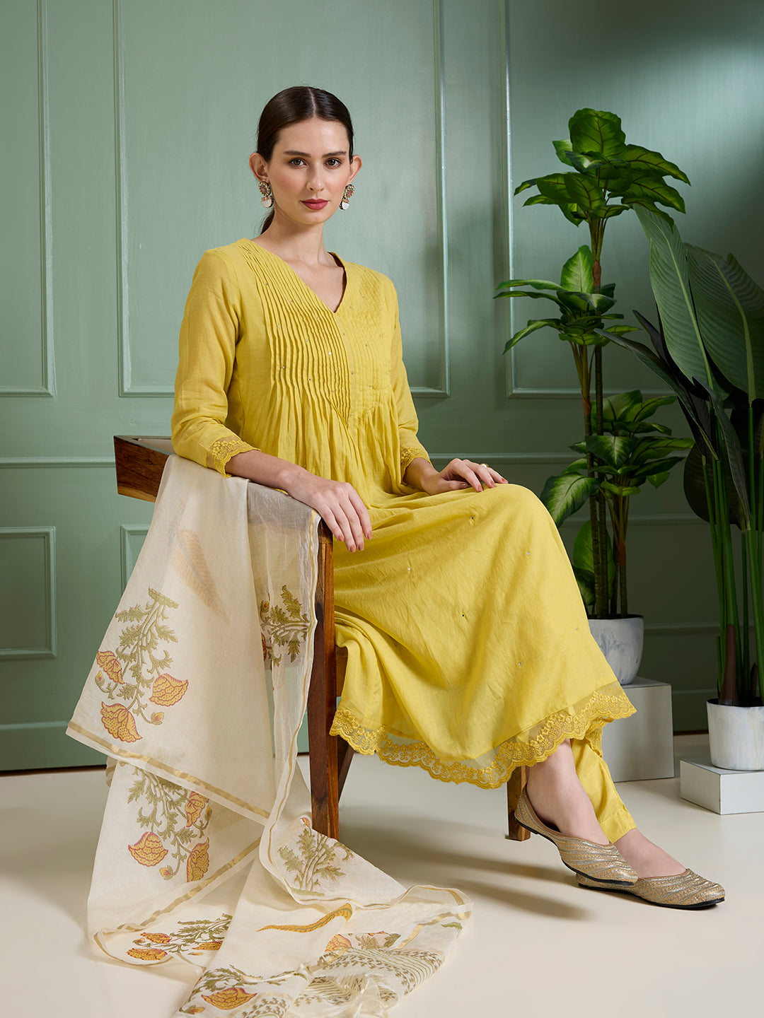 Ethnic & A-Line Pleated Kurta with Palazzo & Floral Printed Dupatta - Yellow