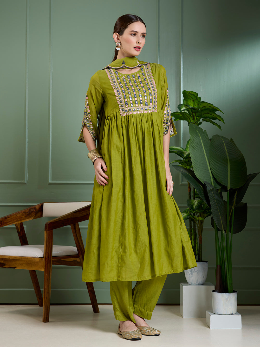 Festive Mirror Embroidered A-Line Pleated with Pant & Scalloped Dupatta - Green
