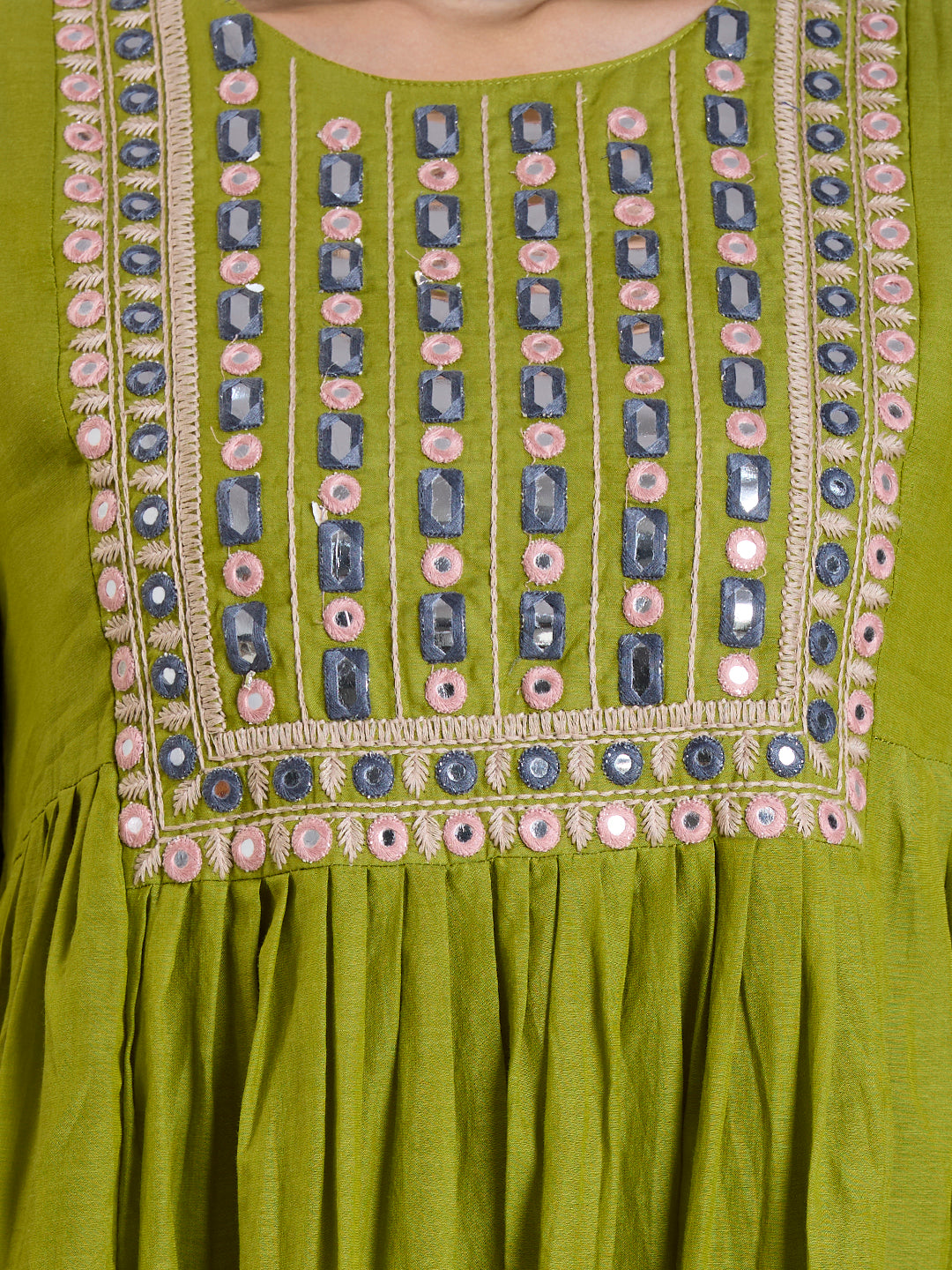 Festive Mirror Embroidered A-Line Pleated with Pant & Scalloped Dupatta - Green