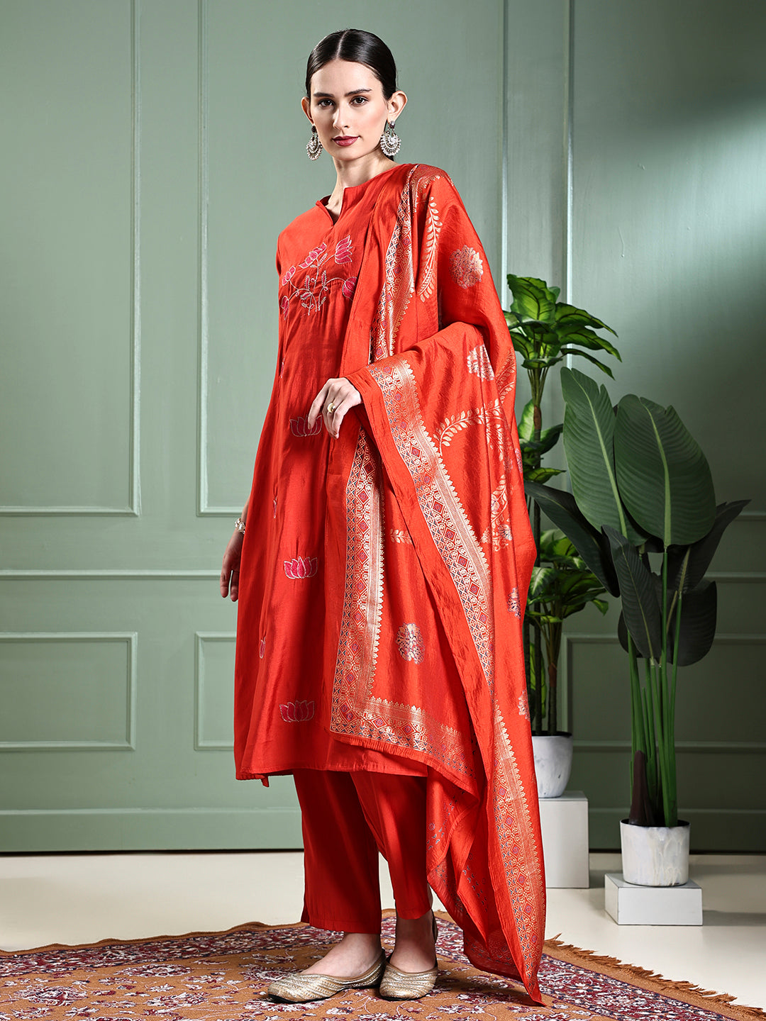 Solid Lotus Embroidered Straight Kurta with Pant & Dupatta - Rust