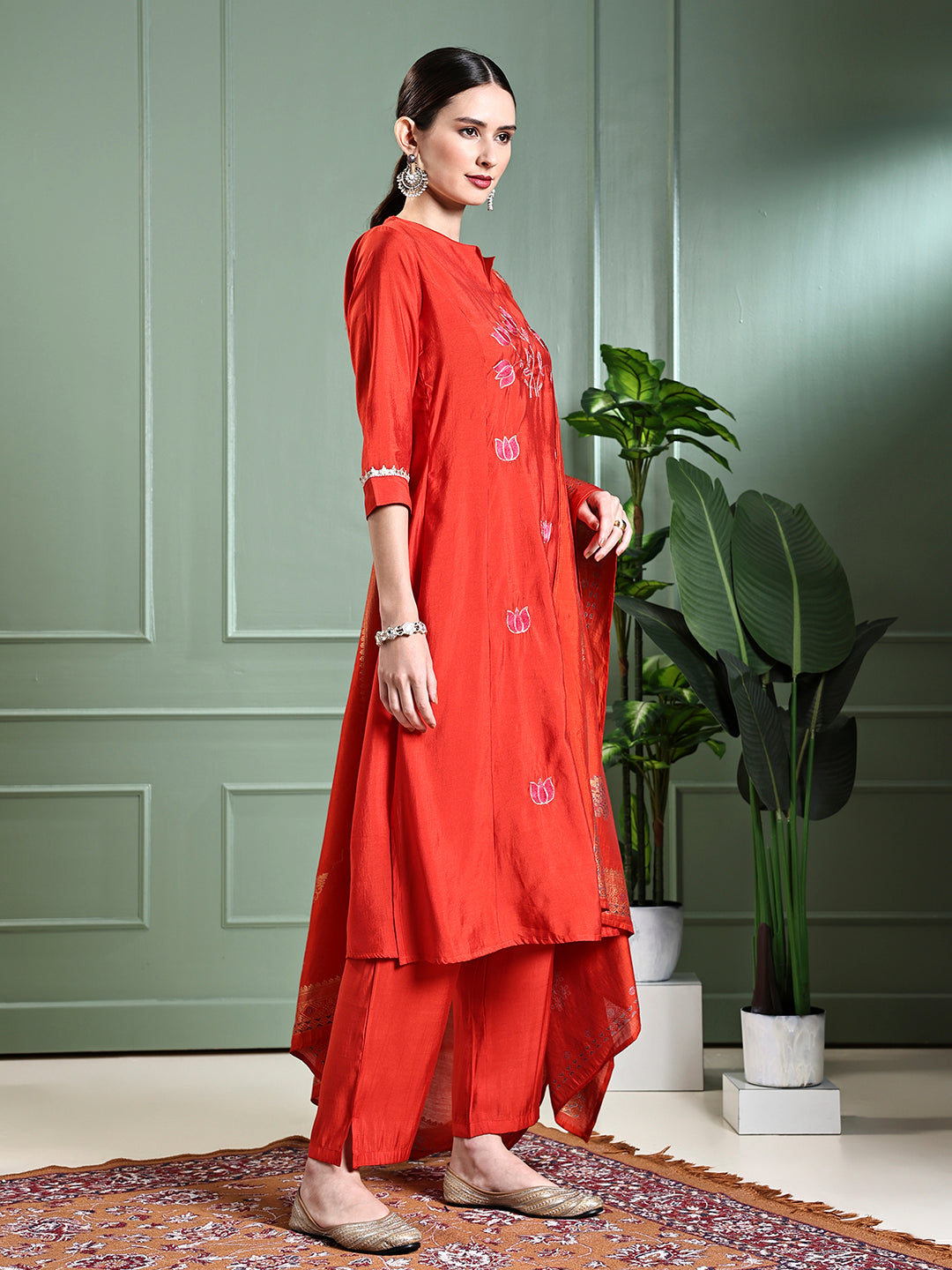 Solid Lotus Embroidered Straight Kurta with Pant & Dupatta - Rust