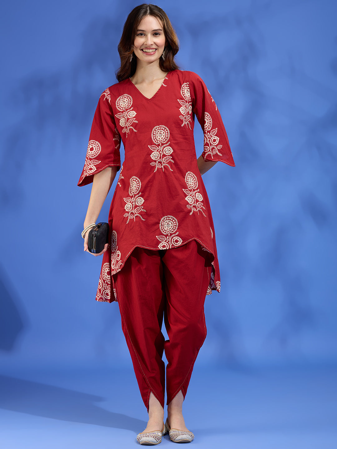 Ethnic Floral Printed Embroidered A-Line High Low Kurta with Dhoti Pant - Maroon