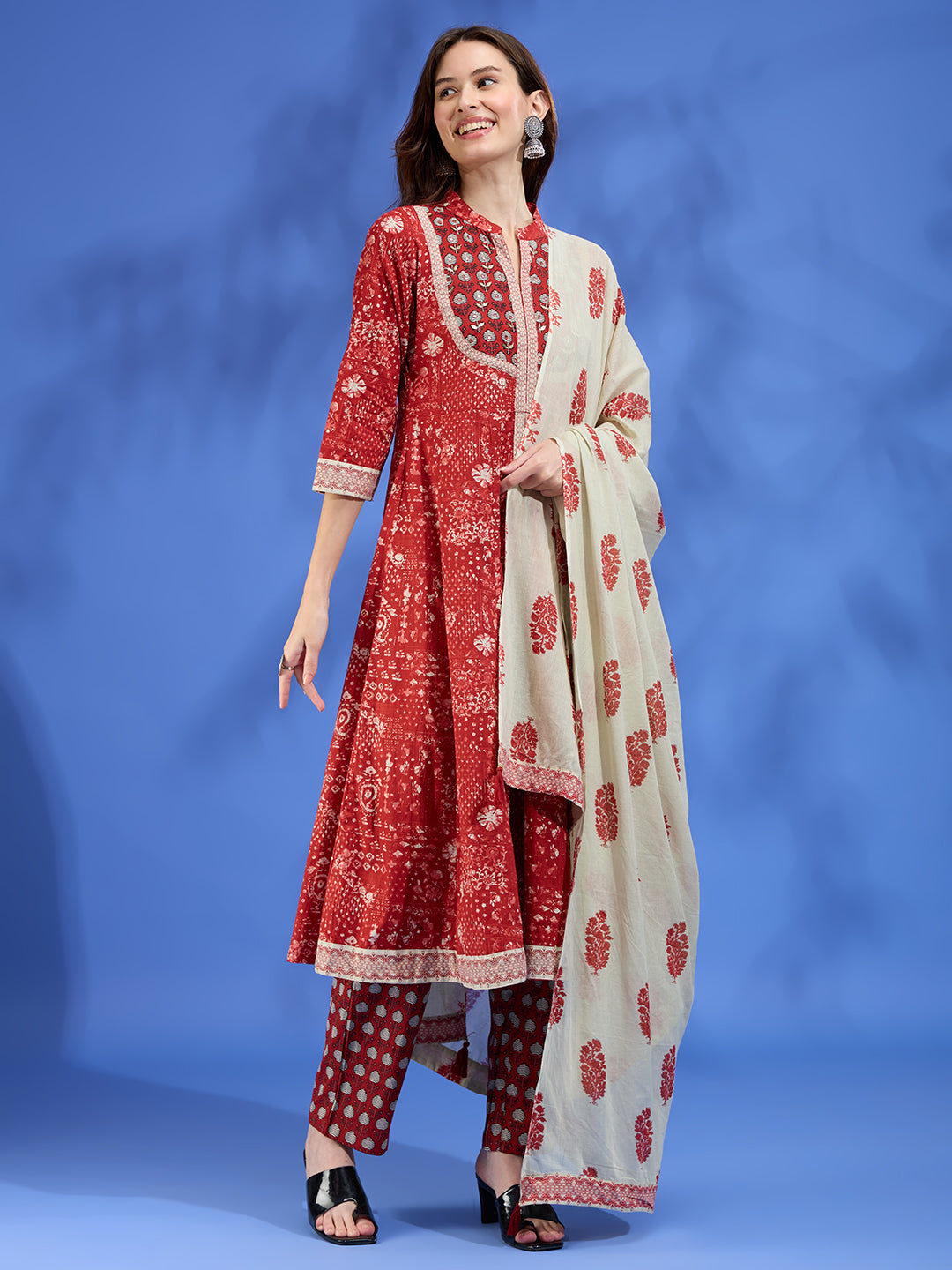 Ethnic Floral Printed A-Line Kurta with Pant & Dupatta - Red
