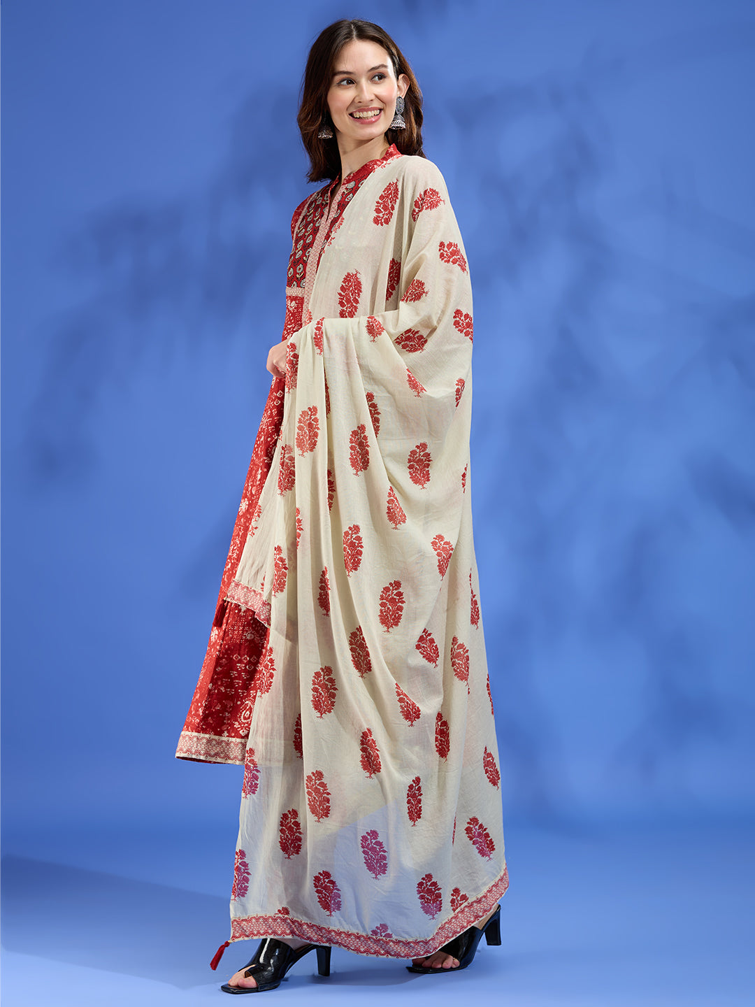 Ethnic Floral Printed A-Line Kurta with Pant & Dupatta - Red