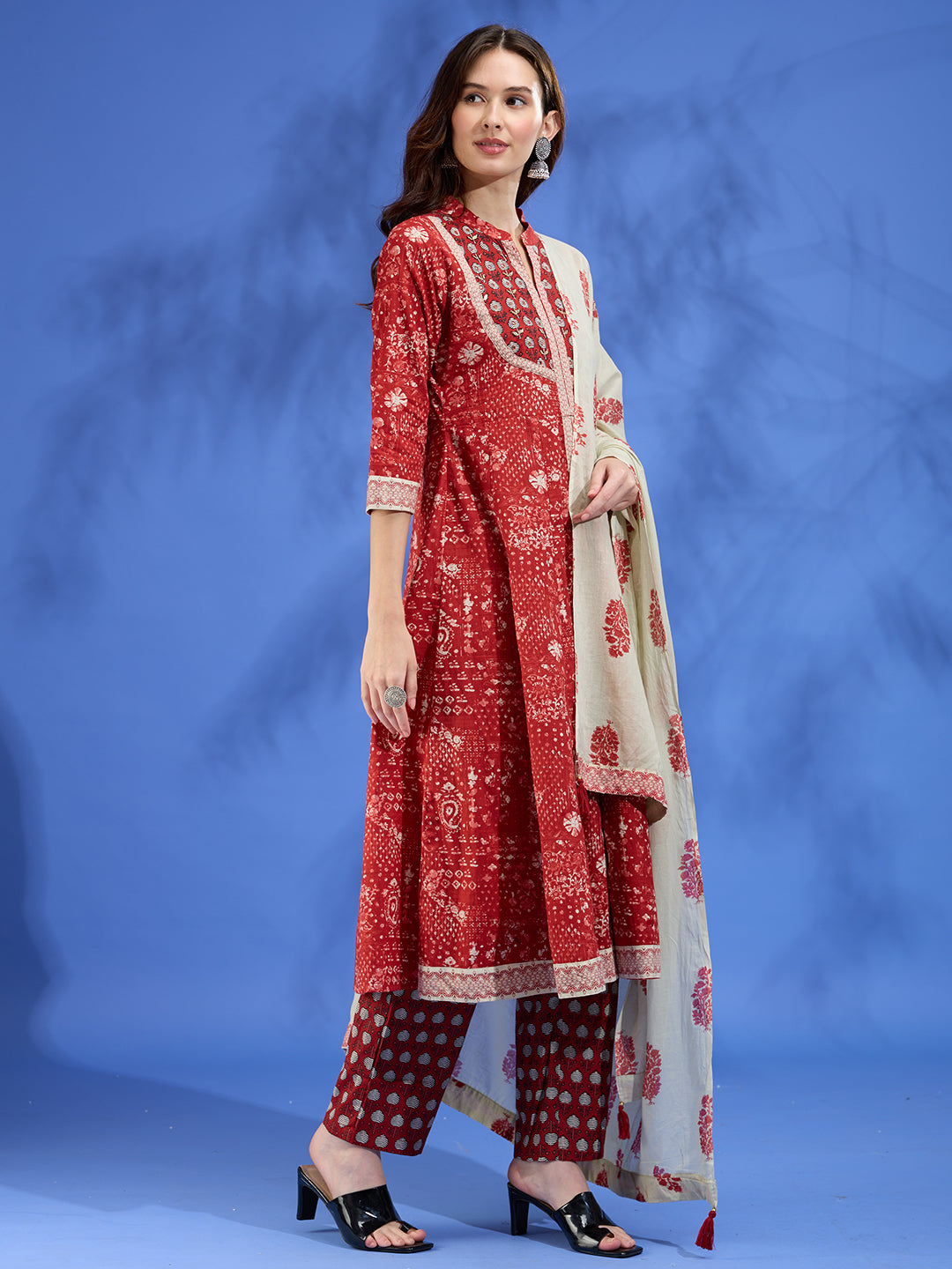 Ethnic Floral Printed A-Line Kurta with Pant & Dupatta - Red