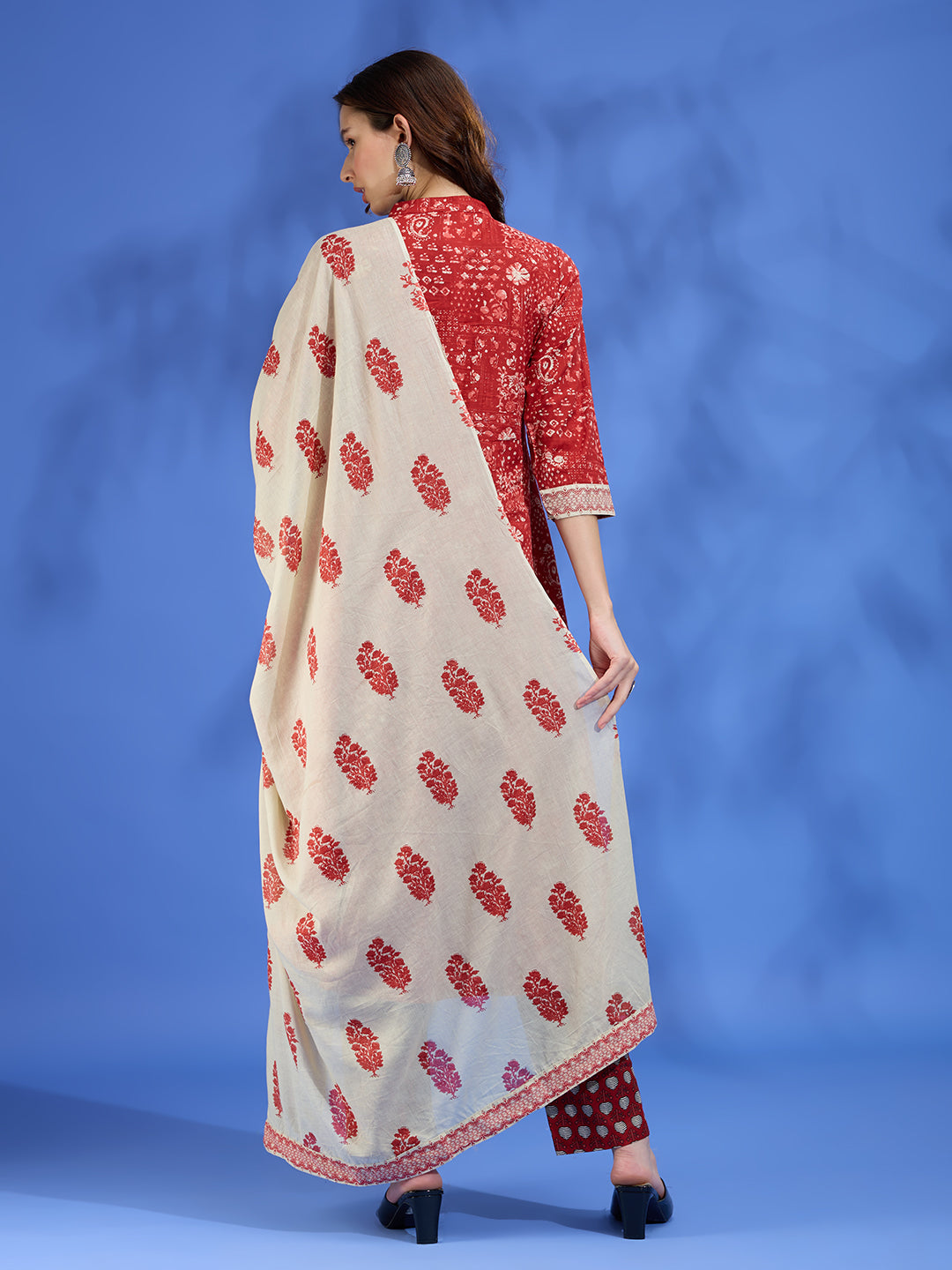 Ethnic Floral Printed A-Line Kurta with Pant & Dupatta - Red