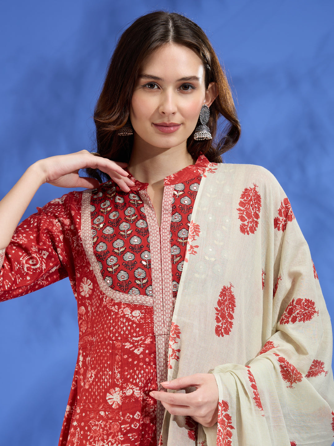 Ethnic Floral Printed A-Line Kurta with Pant & Dupatta - Red
