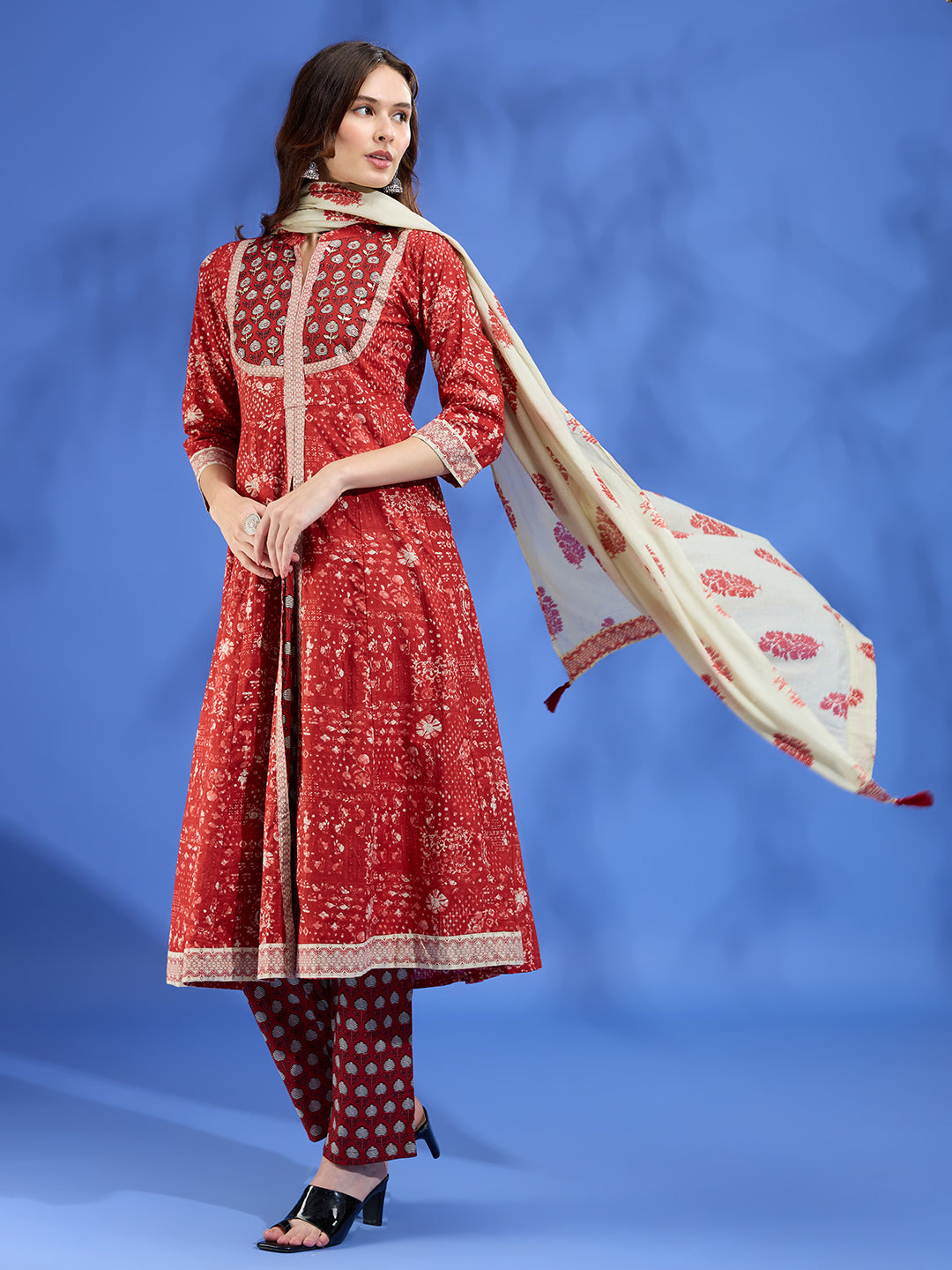 Ethnic Floral Printed A-Line Kurta with Pant & Dupatta - Red