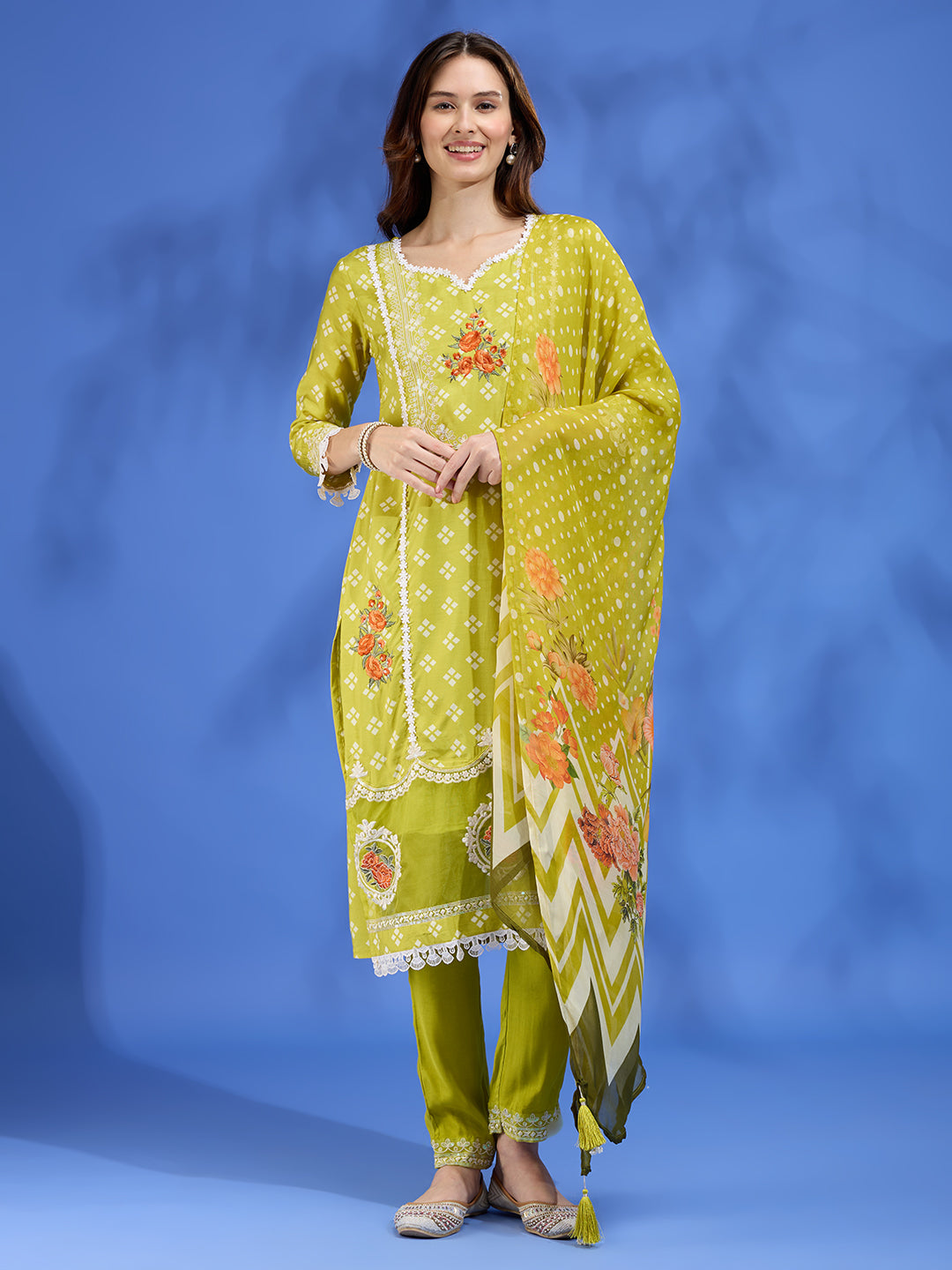 Floral Printed Straight Fit Kurta with Palazzo and Dupatta - Lime Green