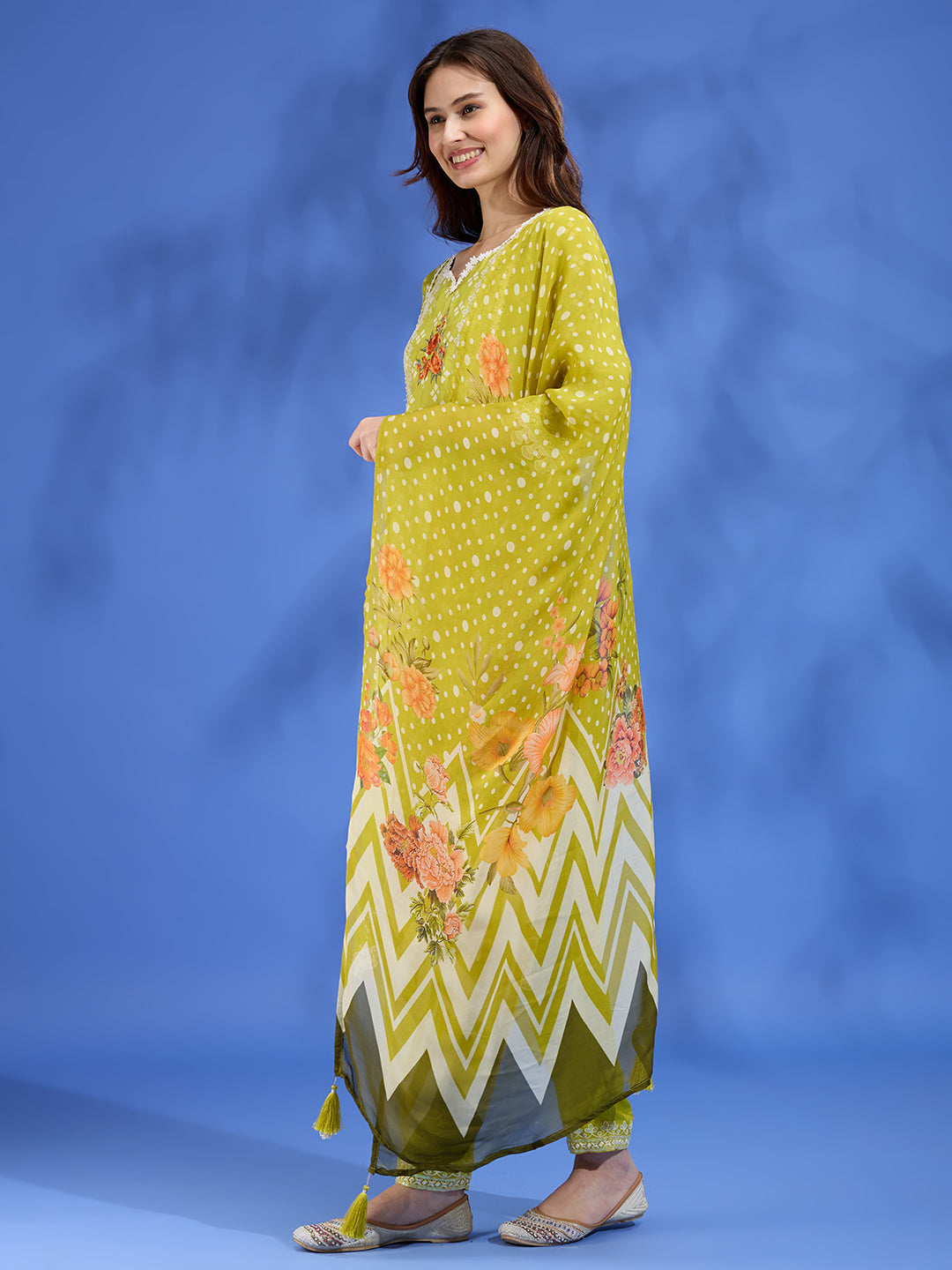 Floral Printed Straight Fit Kurta with Palazzo and Dupatta - Lime Green